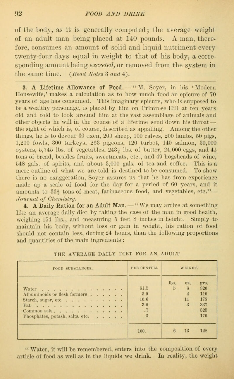 of the body, as it is generally computed; the average weight of an adult man being placed at 140 pounds. A man, there- fore, consumes an amount of solid and liquid nutriment every twenty-four days equal in weight to that of his body, a corre- sponding amount being excreted, or removed from the system in the same time. (Bead Notes 3 and 4). 3. A Lifetime Allowance of Food. — M. Soyer, in his 'Modern Housewife,' makes a calculation as to how much food an epicure of 70 years of age has consumed. This imaginary epicure, who is supposed to be a wealthy personage, is placed by him on Primrose Hill at ten years old and told to look around him at the vast assemblage of animals and other objects he will in the course of a lifetime send down his throat — the sight of which is, of course, described as appalling. Among the other things, he is to devour 30 oxen, 200 sheep, 100 calves, 200 lambs, 50 pigs, 1,200 fowls, 300 turkeys, 263 pigeons, 120 turbot, 140 salmon, 30,000 oysters, 5,745 lbs. of vegetables, 243| lbs. of butter, 24,000 eggs, and 4| tons of bread, besides fruits, sweetmeats, etc., and 49 hogsheads of wine, 548 gals, of spirits, and about 3,000 gals, of tea and coffee. This is a mere outline of what we are told is destined to be consumed. To show there is no exaggeration, Soyer assures us that he has from experience made up a scale of food for the day for a period of 60 years, and it amounts to 33| tons of meat, farinaceous food, and vegetables, etc.— Journal of Chemistry. 4. A Daily Ration for an Adult Man. — We may arrive at something like an average daily diet by taking the case of the man in good health, weighing 154 lbs., and measuring 5 feet 8 inches in height. Simply to maintain his body, without loss or gain in weight, his ration of food should not contain less, during 24 hours, than the following proportions and quantities of the main ingredients ; THE AVERAGE DAILY DIET FOR AN ADULT FOOD SUBSTANCES. PER CENTUM. WEIGHT. 81.5 3.9 10.G 3.0 .7 lbs. oz. 5 8 4 11 3 grs. 320 110 178 337 325 170 Albuminoids or flesh formers Phosphates, potash, salts, etc 100. 6 13 128  Water, it will be remembered, enters into the composition of every article of food as well as in the liquids we drink. In reality, the weight