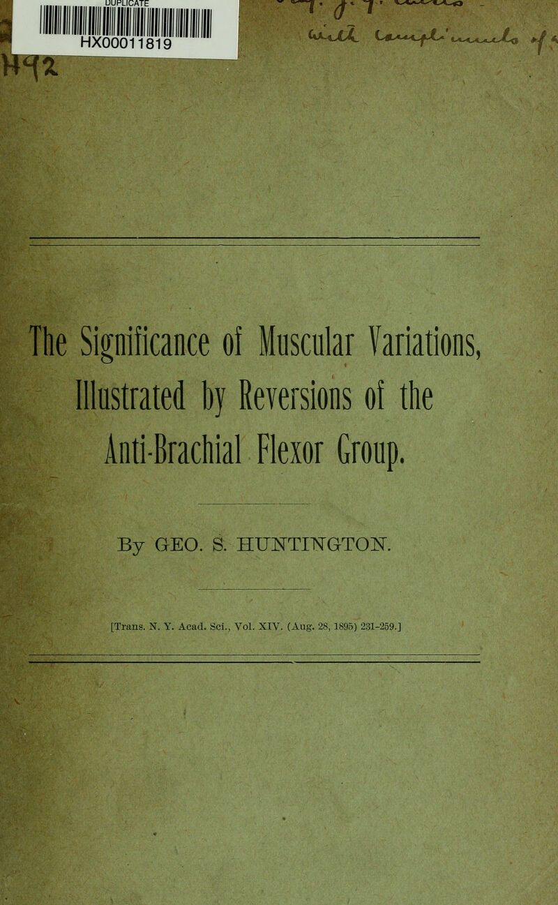 ^ HXdo011819 f^: ^^*-^^ Lm>^^^l^' ..^c^^^cMi Y .^ The Significance of Muscular Variations, Illustrated by Reversions of the Anti-Brachial Flexor Group. By GEO. S. HUNTINGTON. [Trans. N. Y. Acad. Sci., Vol. XIV. (Aug. 28, 1S95) 231-259.]