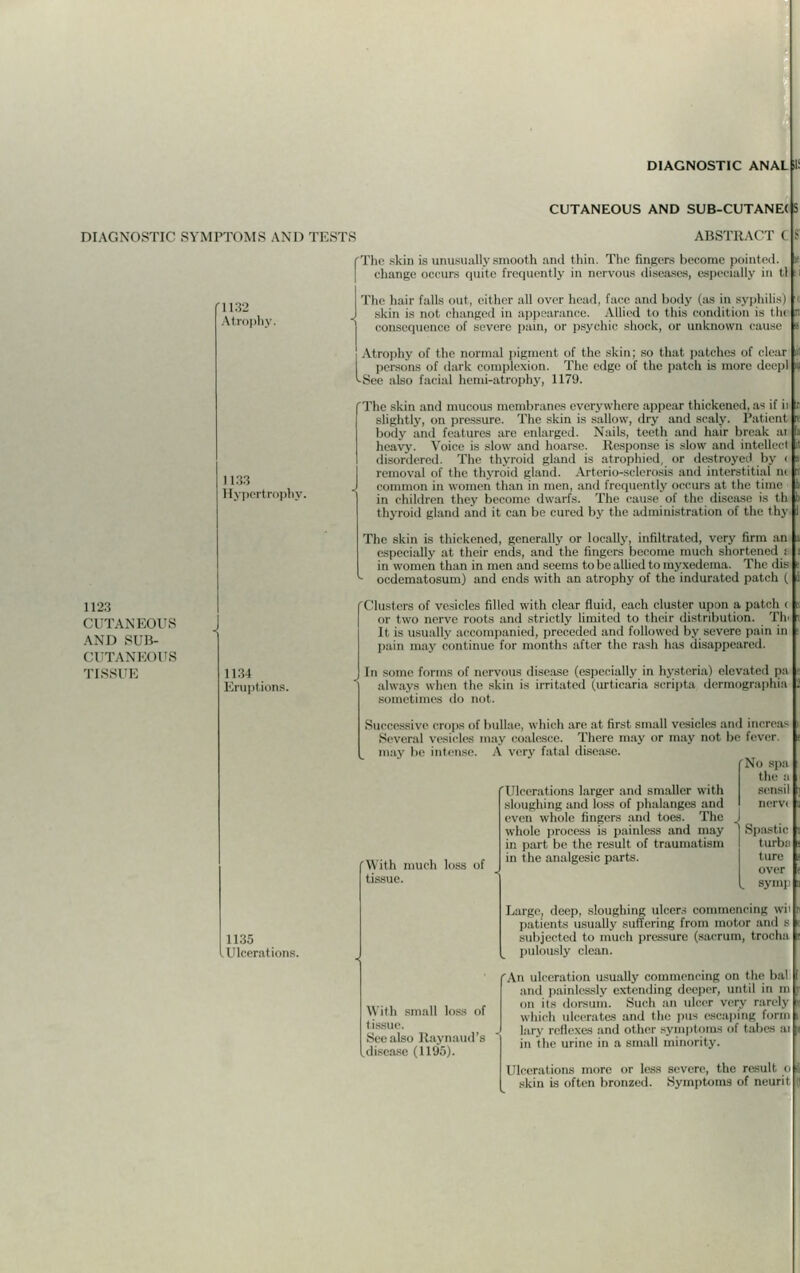 CUTANEOUS AND SUB-CUTANEt DIAGNOSTIC SYMPTOMS AND TESTS 112.3 CUTANEOUS AND SUB- CUTANEOUS TISSUE 1132 Atrophy. L133 Hypertrophy. 1134 Eruptions. 1135 ABSTRACT ( [The skin is unusually smooth and thin. The fingers become pointed. change occurs quite frequently in nervous diseases, especially in t.l . The hair falls out, either all over head, face and body (as in syphilis) I skin is not changed in appearance. Allied to this condition is thi I consequence of severe pain, or psychic shock, or unknown cause JAtrophy of the normal pigment of the skin; so that patches of clear j persons of dark complexion. The edge of the patch is more deep] '-See also facial hemi-atrophy, 1179. The skin and mucous membranes everywhere appear thickened, as if ii slightly, on pressure. The skin is sallow, dry and scaly. Patient body and features are enlarged. Nails, teeth and hair break ai heavy. Voice is slow and hoarse. Response is slow and intellect disordered. The thyroid gland is atrophied or destroyed by I re val of tlie thyroid gland. Arterio-sclerosis and interstitial in Common in women than in men, and frequently occurs at the time in children they become dwarfs. The cause of the disease is th thyroid gland and it can be cured by the administration of the thy The skin is thickened, generally or locally, infiltrated, very firm an especiallj at their ends, and the fingers become much shortened ! in women than in men and seems to be allied to myxedema. Tin dis ocdematosum) and ends with an atrophy of the indurated patch (, Clusters of vesicles filled with clear fluid, each cluster upon a patch i or two nerve roots and strictly limited to their distribution. Th' It is usually accompanied, preceded and followed by severe pain in pain may continue for months after the rash has disappeared. In some forms of nervous disease (especially in hysteria) elevated pa always when the skin is irritated (urticaria scripts dermographia sometimes do not. Successive crops of bullae, which are at first small vesicles and inereu- Several vesicles may coalesce. There may or may not be fever may be intense. A very fatal disease. No spa the a With much loss of tissue. 'Ulcerations larger and smaller with sloughing and loss of phalanges and even whole lingers and toes. The whole process is painless and may in part be the result of traumatism in the analgesic parts. scum! IHTVi Spastic turb: tore over syni] With small loss of tissue. See also Raynaud's, diseasi 1L95). Large, deep, sloughing ulcers commencing wi patients usually suffering from motor and .- subjected to much pressure (sacrum, trocha pulously clean. \n uli .ration usually commencing on the bal and painlessly extending deeper, until in u on its dorsum. Such an ulcer very rarely which ulcerates and the pus escaping forn lary reflexes and other symptoms of tabes ai in the urine in a small minority. Ulcerations more or less severe, the result ( Bkin is often bronzed. Symptoms of neurit