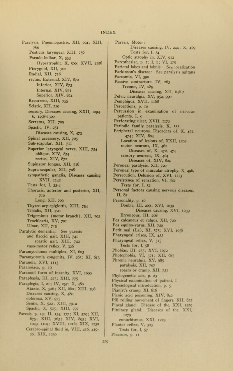 Paralysis, Pneumogastric, XII, 704; XIII, 760 Posticus laryngeal, XIII, 756 Pseudo-bulbar, X, 553 Hypertrophic, X, 500; XVII, 1156 Pterygoid, XII, 702 Radial, XII, 716 rectus, External, XIV, 870 Inferior, XIV, 873 Internal, XIV, 871 Superior, XIV, 874 Recurrens, XIII, 755 Sciatic, XII, 720 sensory, Diseases causing, XXII, 1294- 6, 1298-1300 Serratus, XII, 709 Spastic, IV, 251 Diseases causing, X, 473 Spinal accessory, XII, 705 Sub-scapular, XII, 711 Superior laryngeal nerve, XIII, 754 oblique, XIV, 874 rectus, XIV, 872 Supinator longus, XII, 716 Supra-scapular, XII, 708 sympathetic ganglia, Diseases causing XVII, 1142 Tests for, I, 33-4 Thoracic, anterior and posterior, XII, 710 Long, XII, 709 Thyreo-ary-epiglottis, XIII, 754 Tibialis, XII, 720 Trigeminus (motor branch), XII, 702 Trochlearis, XV, 701 Ulnar, XII, 715 Paralytic dementia: See paresis and flaccid gait, XIII, 741 spastic gait, XIII, 742 vaso-motor reflex, V, 326 Paramyoclonus multiplex, XI, 603 Paramyotonia congenita, IV, 265; XI, 613 Paranoia, XVI, 1113 Paranoiacs, p. i<) Paranoid form of insanity, XVI, 1099 Paraphasia, III, 225; XIII, 775 Paraplegia, I, 21; IV, 257; X, 480 Ataxic, X. 526; XII, 660; XIII, 796 Disease cutting, X, 480 dolorosa, XV, 975 Senile, X. 522; XIII, 791a Spastic, X, 525; Mil. 797 II 134, 177; XI, 570; Ml. 675; XIII. 763; MV. 895; XVI, 11..i XVIII, iai6; XIX, 1390 Cerebri. Ipiliaj fluid in, VIII, 416, 419- 20; XIX, 1230 Paresis, Motor: Diseases causing, IV. 244; X, 469 Tests for, I, 34 Optic atrophy in, XIV, 912 Paresthesiae, p. 7; I, 1 ; VI, 375 Parietal lobes and lobule: See localization Parkinson's disease: See paralysis agitans Parosmia, VI, 390 Passive contracture, IV, 263 Tremor, IV, 289 Diseases causing. XII, 646-7 Pelvic neuralgia, XV, 952, 990 Pemphigus, XVII, 1168 Perceptions, p. 10 Percussion in examination of nervous patients, I, c Perforating ulcer, XVII, 1172 Periodic family paralysis, X, 555 Peripheral neurons, Disorders of. X. 472. 474; XIV, 804 Location of lesions of, XXII, 1292 motor neurons, IX, 462 Diseases of, X, 472. 474 sensory neurons, IX, 464 Diseases of, XIV, 804 Peroneal paralysis, XII, 720 Peroneal type of muscular atrophy, X. 496, Persecution, Delusion of, XVI, 1113 Persistence of sensation, VI, 382 Tests for, I, 52 Personal factors causing nervous diseases, II, 82 Personality, p. 16 Double, III, 209; XVI. 1039 Diseases causing, XVI, 1039 Erroneous, III, 208 Pes calcaneus et valgus. XII. 720 Pes equino-varus, XII, 720 Petit mal (Le), XI, 575; XVI, 1058 Pharyngeal crises, IX, 433 Pharyngeal reflex, V, 315 Tests for, I, 58 Phobias, III, 235; XVI, 1072 Photophobia, VI, 371; XII, 683 Phrenic neuralgia, XV, 98s paralysis, XII, 707 spasm or cramp, XII, 731 Phylogcnctic ads, p. 23 Physical examination of patient. I Physiological introduction, p. 5 Pianist's cramp. XI, 616 Picnic acid poisoning. Xl\ Pill rolling movement of fingers, XII, 677 Pineal gland Diaeaac of tin-. XXI 1270 Pituitary gland Diseaaei ■ if the. XXI. 1279 cunuchismu-. \ \ I Plantar reflex, V, 303 Tests for. I, 57 Pleasure, p. 11 TO