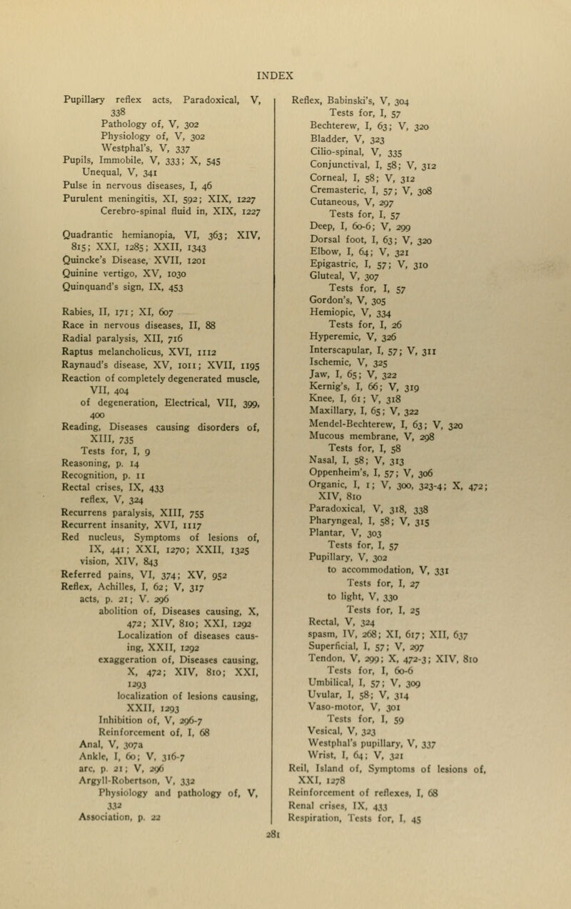 Pupillary reflex acts, Paradoxical, V, 338 Pathology of, V, 302 Physiology of, V, 302 Westphal's, V, 337 Pupils, Immobile, V, 333; X, 545 Unequal, V, 341 Pulse in nervous diseases, I, 46 Purulent meningitis, XI, 592; XIX, 1227 Cerebro-spinal fluid in, XIX, 1227 Quadrantic hemianopia, VI, 363; XIV, 815; XXI, 1285; XXII, 1343 Quincke's Disease, XVII, 1201 Quinine vertigo, XV, 1030 Quinquand's sign, IX, 453 Rabies, II, 171; XI, 607 Race in nervous diseases, II, 88 Radial paralysis, XII, 716 Raptus melancholicus, XVI, 1112 Raynaud's disease, XV, 1011; XVII, 1195 Reaction of completely degenerated muscle, VII, 404 of degeneration. Electrical, VII, 399, 400 Reading, Diseases causing disorders of, XIII, 735 Tests for, I, 9 Reasoning, p. 14 Recognition, p. 11 Rectal crises, IX, 433 reflex, V, 324 Recurrens paralysis, XIII, 755 Recurrent insanity, XVI, 1117 Red nucleus, Symptoms of lesions of, IX, 441; XXI, 1270; XXII, 1325 vision, XIV, 843 Referred pains, VI, 374; XV, 952 Reflex, Achilles, I, 62; V, 317 acts, p. 21; V. 296 abolition of, Diseases causing, X, 472; XIV, 810; XXI, 1292 Localization of diseases caus- ing, XXII, 1292 exaggeration of, Diseases causing, X, 472; XIV, 810; XXI, 1293 localization of lesions causing, XXII, 1293 Inhibition of, V, 296-7 Reinforcement of, I, 68 Anal, V, 307a Ankle, I, 60; V, 316-7 arc, p. 21; V, 296 Argyll-Robertson, V, 332 Physiology and pathology of, V, 332 Association, p .•_• Reflex, Babinski's, V, 304 Tests for, I, 57 Bechterew, I, 63; V, 320 Bladder, V, 323 Cilio-spinal, V, 335 Conjunctival, I, 58; V, 312 Corneal, I, 58; V, 312 Cremasteric, I, 57; V, 308 Cutaneous, V, 297 Tests for, I, 57 Deep, I, 60-6; V, 299 Dorsal foot, I, 63; V, 320 Elbow, I, 64; V, 321 Epigastric, I, 57; V, 310 Gluteal, V, 307 Tests for, I, 57 Gordon's, V, 305 Hemiopic, V, 334 Tests for, I, 26 Hyperemic, V, 326 Interscapular, I, 57; V, 311 Ischemic, V, 325 Jaw, I, 65; V, 322 Kernig's, I, 66; V, 319 Knee, I, 61; V, 318 Maxillary, I, 65; V, 322 Mendel-Bechterew, I, 63; V, 320 Mucous membrane, V, 298 Tests for, I, 58 Nasal, I, 58; V, 313 Oppenheim's, I, 57; V, 306 Organic, I, 1; V, 300, 323-4; X, 472; XIV, 810 Paradoxical, V, 318, 338 Pharyngeal, I, 58; V, 315 Plantar, V, 303 Tests for, I, 57 Pupillary, V, 302 to accommodation, V, 331 Tests for, I, 27 to light, V, 330 Tests for, I, 25 Rectal, V, 324 spasm, IV, 268; XI, 617; XII, 637 Superficial, I, 57; V, 297 Tendon, V, 299; X, 472-3; XIV, 810 Tests for, I, 60-6 Umbilical, I, 57; V, 309 Uvular, I, 58; V, 314 Vaso-motor, V, 301 Tests for, I, 59 Vesical, V, 323 Westphal's pupillary, V, 337 Wrist, I, 64; V, 321 Riil, Island of, Symptoms of lesions of, XXI, 1278 Reinforcement of reflexes, I, 68 Renal crises, IX. 4,(3 Respiration, Tests for. I, 45