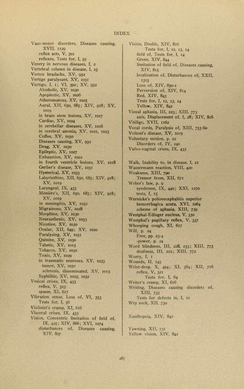 Vaso-motor disorders. Diseases causing, XVII, 1129 reflex acts, V, 301 reflexes, Tests for, I, 59 Venery in nervous diseases, I, 2 Vertebral column in disease, I, 23 Vertex headache, XV, 952 Vertige paralysant, XV, 1031 Vertigo, I, 1; VI, 392; XV, 932 Alcoholic, XV, 1030 Apoplectic, XV, 1026 Atheromatous, XV, 1025 Aural, XII. 650, 685; XIV, 918; XV, 1019 in brain stem lesions, XV, 1017 Cardiac, XV, 1024 in cerebellar diseases, XV, 1016 in cerebral anemia, XV, 1021, 1023 Coffee, XV, 1030 Diseases causing, XV, 932 Drug, XV, 1030 Epileptic, XV, 1027 Exhaustion, XV, 1022 in fourth ventricle lesions, XV, 1018 Gerlier's disease, XV, 1031 Hysterical, XV, 1033 Labyrinthine, XII, 650, 685; XIV, 918; XV, 1019 Laryngeal, IX, 433 Meniere's, XII, 650, 683; XIV, 918; XV, 1019 in meningitis, XV, 1032 Migrainous, XV, 1028 Morphine, XV, 1030 Neurasthenic, XV, 1033 Nicotine, XV, 1030 Ocular, XII, 649; XV, 1020 Paralysing, XV, 1031 Quinine, XV, 1030 Tabetic, XV, 1015 Tobacco, XV, 1030 Toxic, XV, 1029 in traumatic neuroses, XV, 1033 tumor, XV, 103? sclerosis, disseminated, XV, 1015 Syphilitic, XV, 1025, 1032 Vesical crises, IX, 433 reflex, V, 323 spasm, XI, 617 Vibration sense, Loss of, VI, 353 Tests for, I, 56 Violinist's cramp, XI, 616 Visceral crises, IX, 433 Wlion, Concentric limitation of field of, IX. 435; XIV. 866; XVI. 1074 disturbances of, Diseases causing, XIV. 807 Vision, Double, XIV, 816 Tests for, I, 12, 13. 14 field of, Tests for, I, 14 Green, XIV, 844 limitation of field of, Diseases causing, XIV, 815 localization of, Disturbances of, XXII, 1315 Loss of, XIV, 850-1 Perversion of, XIV, 814 Red, XIV, 843 Tests for, I, 12, 13, 14 Yellow, XIV, 842 Visual aphasia, III, 223; XIII, 773 axis, Displacement of, I, 28; XIV, 816 Vitiligo, XVII, 1162 Vocal cords, Paralysis of, XIII, 753-60 Voltoni's disease, XV, 1019 Voluntary motion, p. 22 Disorders of, IV, 240 Vulvo-vaginal crises, IX, 433 Walk, Inability to, in disease, I, 21 Wassermann reaction, VIII, 420 Weakness, XIII, 790 Tremor from, XII, 671 Weber's law, p. 9 syndrome, IX, 440; XXI. 1270 tests, I, 15 Wernicke's polioencephalitis superior hemorrhagica acuta, XVI, 1064 scheme of aphasia, XIII, 739 Westphal-Edinger nucleus, V, 330 Westphal's pupillary reflex, V, 337 Whooping cough, XI, 617 Will, p. 24 Free, pp. 23-4 -power, p. 24 Word blindness. III, 228. 233; XIII, 77J deafness, III, 222; XIII, 772 Worry, I. 1 Wounds, II. 145 Wrist-drop. X. 404; XI. 584; XII, 716 reflex, Y, 331 Tests for, I. 64 Writer's cramp. XI, 616 Writing, Diseases causing disorders of, XIII. 735 Tests for defects in, I, 10 Wrv neck, XII. ;.!<> Xanthopsia, XIV, *i awning, XII, 731 yellow vision, \i V, 842 47