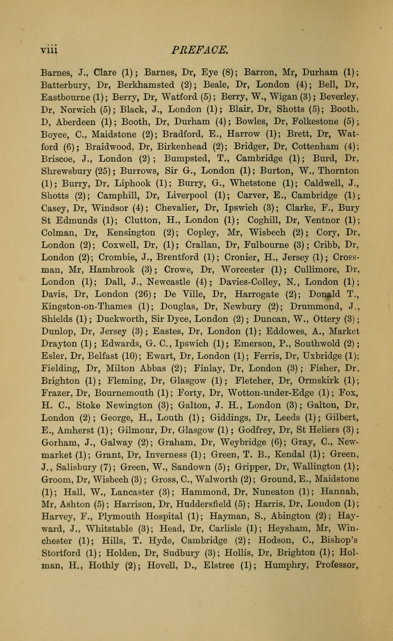 Barnes, J., Clare (1); Barnes, Dr, Eye (8); Barron, Mr, Durham (1); Batterbury, Dr, Berkhamsted (2); Beale, Dr, London (4); Bell, Dr, Eastbourne (1); Berry, Dr, Watford (5); Berry, W., Wigan (3); Beverley, Dr, Norwich (5); Black, J., London (1); Blair, Dr, Shotts (5); Booth, D, Aberdeen (1); Booth, Dr, Durham (4); Bowles, Dr, Folkestone (5); Boyce, C, Maidstone (2); Bradford, E., Harrow (1); Brett, Dr, Wat- ford (6); Braidwood, Dr, Birkenhead (2); Bridger, Dr, Cottenham (4); Briscoe, J., London (2); Bumpsted, T., Cambridge (1); Burd, Dr, Shrewsbury (25); Burrows, Sir G., London (1); Burton, W., Thornton (1); Burry, Dr, Liphook (1); Burry, G., Whetstone (1); Caldwell, J., Shotts (2); Camphill, Dr, Liverpool (1); Carver, E., Cambridge (1); Casey, Dr, Windsor (4); Chevalier, Dr, Ipswich (3); Clarke, F., Bury St Edmunds (1); Clutton, H., London (1); Coghill, Dr, Ventnor (1)^ Colman, Dr, Kensington (2); Copley, Mr, Wisbech (2); Cory, Dr, London (2); Coxwell, Dr, (1); Crallan, Dr, Fulbourne (3); Cribb, Dr, London (2); Crombie, J., Brentford (1); Cronier, H., Jersey (1); Cross- man, Mr, Hambrook (3); Crowe, Dr, Worcester (1); Cullimore, Dr, London (1); Dall, J., Newcastle (4); Davies-CoUey, N., London (1); Davis, Dr, London (26); De Ville, Dr, Harrogate (2); Donald T., Kingston-on-Thames (1); Douglas, Dr, Newbury (2); Drummond, J., Shields (1); Duckworth, Sir Dyce, London (2); Duncan, W., Ottery (3); Dunlop, Dr, Jersey (3); Eastes, Dr, London (1); Eddowes, A., Market Drayton (1); Edwards, G. C, Ipswich (1); Emerson, P., Southwold (2); Esler, Dr, Belfast (10); Ewart, Dr, London (1); Ferris, Dr, Uxbridge (1); Fielding, Dr, Milton Abbas (2); Finlay, Dr, London (3); Fisher, Dr, Brighton (1); Fleming, Dr, Glasgow (1); Fletcher, Dr, Ormskirk (1); Frazer, Dr, Bournemouth (1); Forty, Dr, Wotton-under-Edge (1); Fox, H. C, Stoke Newington (3); Galton, J. H,, London (3); Galton, Dr, London (2); George, H., Louth (1); Giddings, Dr, Leeds (1); Gilbert, E., Amherst (1); Gilmour, Dr, Glasgow (1); Godfrey, Dr, St Heliers (3); Gorham, J., Galway (2); Graham, Dr, Weybridge (6); Gray, C, New- market (1); Grant, Dr, Inverness (1); Green, T. B., Kendal (1); Green, J,, Salisbury (7); Green, W., Sandown (5); Gripper, Dr, Wallington (1); Groom, Dr, Wisbech (3); Gross, C, Walworth (2); Ground, E., Maidstone (1); Hall, W., Lancaster (3); Hammond, Dr, Nuneaton (1); Hannah, Mr, Ashton (5); Harrison, Dr, Huddersfield (5); Harris, Dr, London (1); Harvey, F., Plymouth Hospital (1); Hayman, S., Abington (2); Hay- ward, J., Whitstable (3); Head, Dr, CarHsle (1); Heysham, Mr, Win- chester (1); Hills, T. Hyde, Cambridge (2); Hodson, C, Bishop's Stortford (1); Holden, Dr, Sudbury (3); HoUis, Dr, Brighton (1); Hol- man, H., Hothly (2); Hovell, D., Elstree (1); Humphry, Professor,