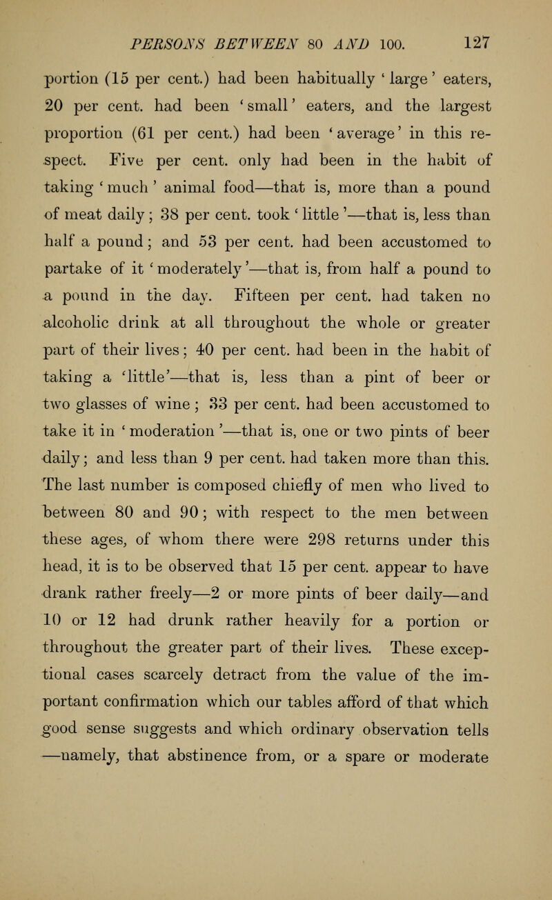 portion (15 per cent.) had been habitually 'large' eaters, 20 per cent, had been ' small' eaters, and the largest proportion (61 per cent.) had been 'average' in this re- spect. Five per cent, only had been in the habit of taking ' much ' animal food—that is, more than a pound of meat daily ; 38 per cent, took ' little '—that is, less than half a pound; and 53 per cent, had been accustomed to partake of it ' moderately'—that is, from half a pound to a pound in the day. Fifteen per cent, had taken no alcoholic drink at all throughout the whole or crreater part of their lives; 40 per cent, had been in the habit of taking a 'little'—that is, less than a pint of beer or two glasses of wine ; 33 per cent, had been accustomed to take it in ' moderation '—that is, one or two pints of beer ■daily; and less than 9 per cent, had taken more than this. The last number is composed chiefly of men who lived to between 80 and 90; with respect to the men between these ages, of whom there were 298 returns under this head, it is to be observed that 15 per cent, appear to have drank rather freely—2 or more pints of beer daily—and 10 or 12 had drunk rather heavily for a portion or throughout the greater part of their lives. These excep- tional cases scarcely detract from the value of the im- portant confirmation which our tables afford of that which good sense suggests and which ordinary observation tells —namely, that abstinence from, or a spare or moderate