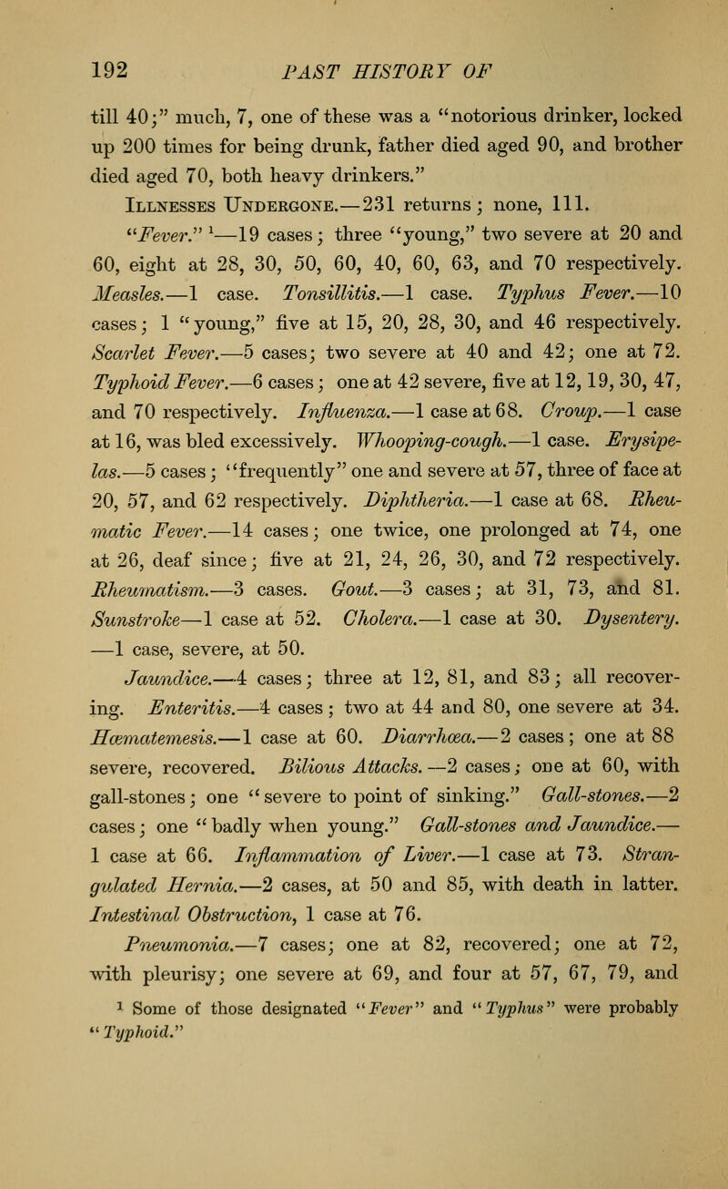 till 40; much, 7, one of these was a notorious drinker, locked up 200 times for being drunk, father died aged 90, and brother died aged 70, both heavy drinkers. Illnesses Undergone.—231 returns; none, 111. i^ever. ^—19 cases; three young, two severe at 20 and 60, eight at 28, 30, 50, 60, 40, 60, 63, and 70 respectively. Measles.—1 case. Tonsillitis.—1 case. Typhus Fever.—10 cases; 1 young, five at 15, 20, 28, 30, and 46 respectively. Scarlet Fever.—5 cases; two severe at 40 and 42; one at 72. Typhoid Fever.—6 cases; one at 42 severe, five at 12,19, 30, 47, and 70 respectively. Influenza.—1 case at 68. Group.—1 case at 16, was bled excessively. Whooping-cough.—1 case. Erysipe- las.—5 cases; frequently one and severe at 57, three of face at 20, 57, and 62 respectively. Diphtheria.—1 case at 68. Rheu- matic Fever.—14 cases; one twice, one prolonged at 74, one at 26, deaf since; five at 21, 24, 26, 30, and 72 respectively. Rheutnatism.—3 cases. Gout.—3 cases; at 31, 73, and 81. Sunstroke—1 case at 52. Gholera.—1 case at 30. Dysentery. —1 case, severe, at 50. Jaundice.—A cases; three at 12, 81, and 83; all recover- ing. Enteritis.—4 cases ; two at 44 and 80, one severe at 34. Hcematemesis.—1 case at 60. Diarrhoea.—2 cases ; one at 88 severe, recovered. Bilious Attacks.—2 cases; one at 60, with gall-stones; one severe to point of sinking. Gall-stones.—2 cases; one  badly when young. Gall-stones and Jaundice.— 1 case at 66. Inflammation of Liver.—1 case at 73. Stran- gulated Hernia.—2 cases, at 50 and 85, with death in latter. Intestinal Obstruction, 1 case at 76. Pneumonia.—7 cases; one at d)2, recovered; one at 72, with pleurisy; one severe at 69, and four at 57, 67, 79, and ^ Some of those designated ■Fever' and ''Typhus were probably  Typhoid:'