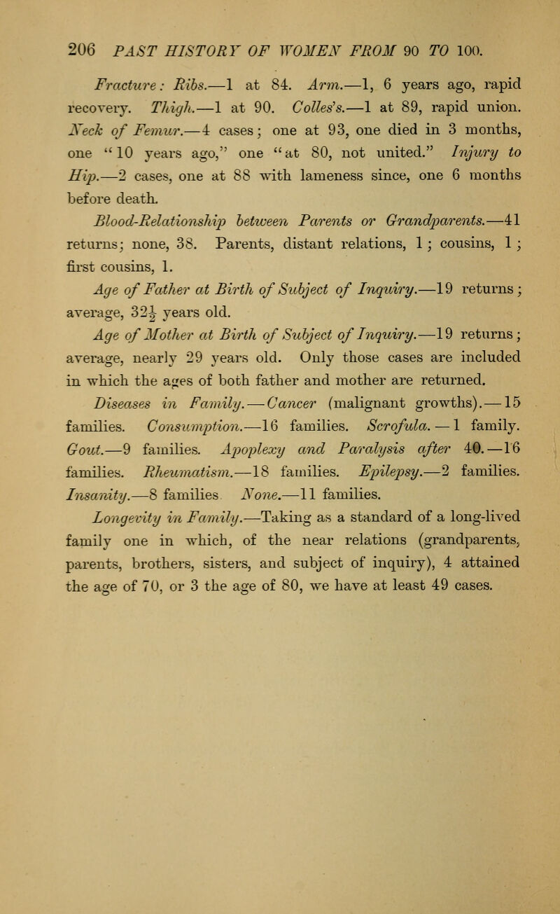 Fracture: Ribs.—1 at 84. Arm.—1, 6 years ago, rapid recovery. Thigli.—1 at 90. Colles's.—1 at 89, rapid union. Xeck of Femur.—4 cases; one at 93, one died in 3 months, one 10 years ago, one at 80, not united. Injury to Hip.—2 cases, one at 88 with lameness since, one 6 months before death. Blood-Relationship between Parents or Grandparents.—41 returns; none, 38. Parents, distant relations, 1; cousins, 1 ; first cousins, 1. Age of Father at Birth of Subject of Inquiry.—19 returns; average, 32|^ years old. Age of Mother at Birth of Subject of Inquiry.—19 returns; average, nearly 29 years old. Only those cases are included in which the ages of both father and mother are returned. Diseases in Family. — Cancer (malignant growths).—15 families. Consumption.—16 families. Scrofula. — 1 family. Gout.—9 families. Aj^oplexy and Paralysis after 40.—16 families. Rheumatism.—18 families. Epilepsy.—2 families. Insanity.—8 families None.—11 families. Longevity in Family.—Taking as a standard of a long-lived family one in which, of the near relations (grandparents, parents, brothers, sisters, and subject of inquiry), 4 attained the age of 70, or 3 the age of 80, we have at least 49 cases.