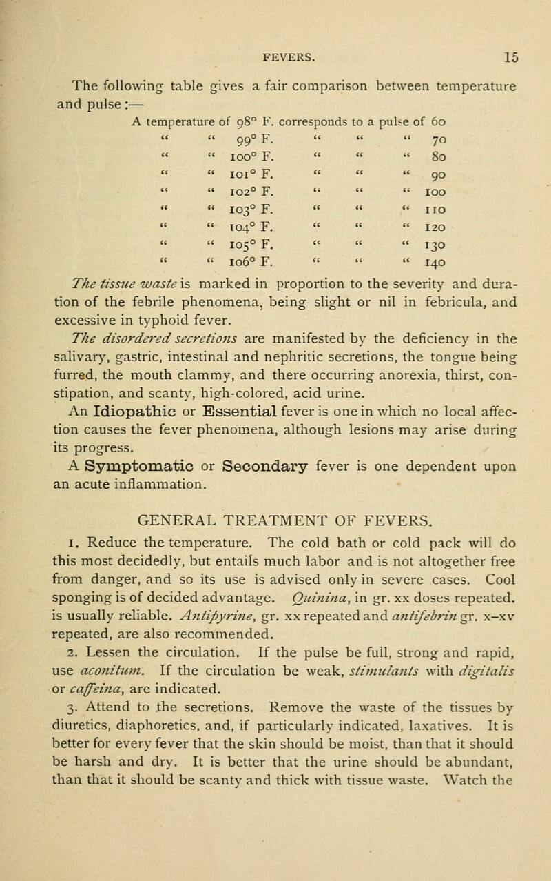 The following table gives a fair comparison between temperature and pulse:— A temperature of 98° F. corresponds to a pulse of 60 (( a pgO Y, 70 ioo° F. 80 101° F. 90 << u J020 F. *' 100 103° F. 110 « 104° F. 120 « i( iQ^o jr^ «< « « j^o 106° F. 140 TA^ tissue waste \s marked in proportion to the severity and dura- tion of the febrile phenomena, being slight or nil in febricula, and excessive in typhoid fever. The disordered secretions are manifested by the deficiency in the salivary, gastric, intestinal and nephritic secretions, the tongue being furred, the mouth clammy, and there occurring anorexia, thirst, con- stipation, and scanty, high-colored, acid urine. An Idiopathic or Essential fever is one in which no local affec- tion causes the fever phenomena, although lesions may arise during its progress. A Symptomatic or Secondary fever is one dependent upon an acute inflammation. GENERAL TREATMENT OF FEVERS. 1. Reduce the temperature. The cold bath or cold pack will do this most decidedly, but entails much labor and is not altogether free from danger, and so its use is advised only in severe cases. Cool sponging is of decided advantage. Quinina, in gr. xx doses repeated, is usually reliable. Aiitipyrine, gr. xx repeated and antifebrin gr. x-xv repeated, are also recommended. 2. Lessen the circulation. If the pulse be full, strong and rapid, use aconitwn. If the circulation be weak, stiinulajits with digitalis or caffeina, are indicated. 3. Attend to the secretions. Remove the waste of the tissues by diuretics, diaphoretics, and, if particularly indicated, laxatives. It is better for every fever that the skin should be moist, than that it should be harsh and dry. It is better that the urine should be abundant, than that it should be scantv and thick with tissue waste. Watch the
