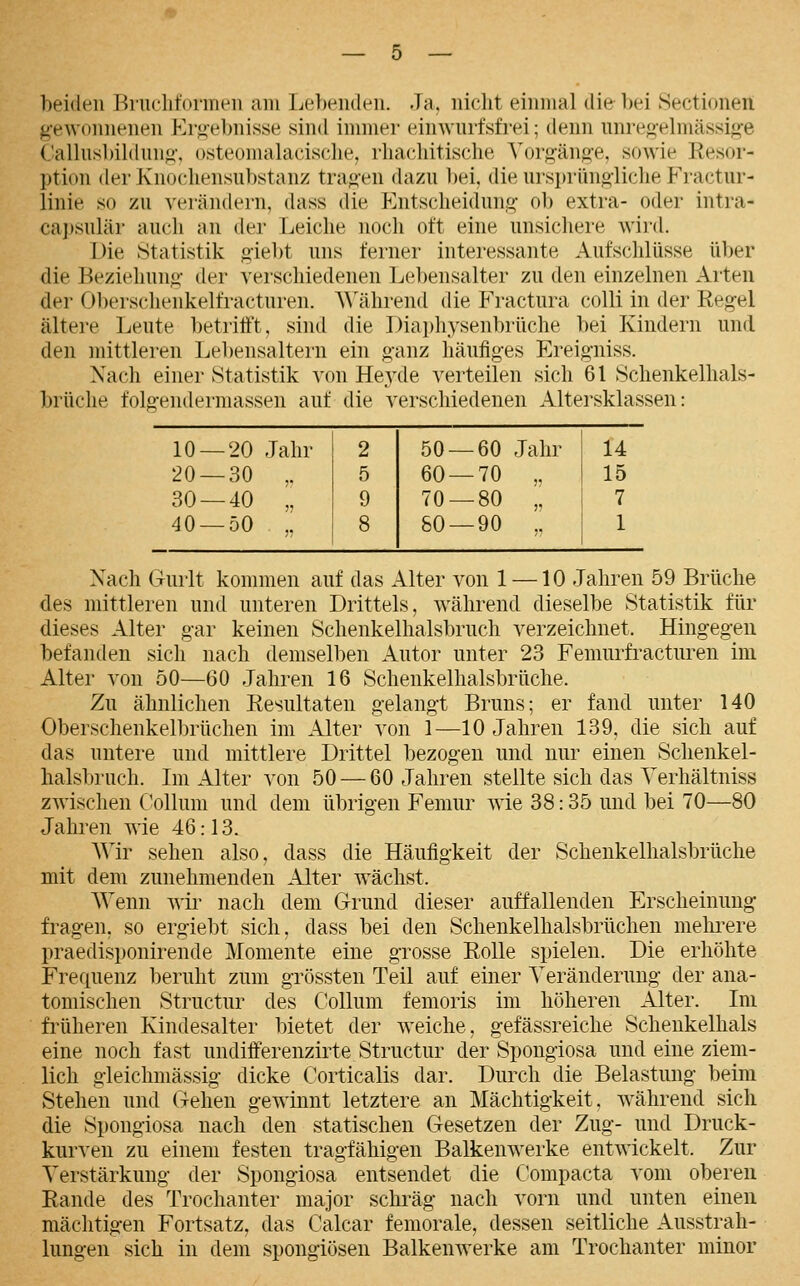 beiden Brucliformen am Lebenden. Ja, nicht einmal die- bei Sectionen g-ewonnenen Hrj^ebnisse sind immer einwurfsfrei; denn unreg-ebnässio-e Oalliisl)il(luii<i-. o.stt'oiiialacisclie, rhaidiitische Voi'o-äno-e, sowie Resor- ption der J\nocln'nsul)stanz traf^'en dazu l)ei. die ursprüngliclie Fractur- linie so zu verändern, dass die Entscheidung ol) extra- oder intra- ca])sulär auch an der Leiche noch oft eine unsichere wird. Die Statistik g-iebt uns ferner interessante Aufschlüsse über die Beziehung der verschiedenen Lebensalter zu den einzelnen Arten der 01)ersclienkelfracturen. A\'ährend die Fractura colli in der Regel ältere Leute betriltt, sind die I)iai)hysenl)rüche bei Kindern und den mittleren Lebensaltern ein ganz häufiges Ereigniss. Nach einer Statistik von Hej^de verteilen sich 61 Schenkelhals- brüche folgendermassen auf die verschiedenen Altersklassen: 10 — 20 Jahr 2 50 — 60 Jahr 14 20 — 30 „ 5 60 — 70 „ 15 30 — 40 „ 9 70 — 80 „ 7 40 — 50 „ 8 80 — 90 „ 1 Nach Gurlt kommen auf das Alter von 1 —10 Jahren 59 Brüche des mittleren und unteren Drittels, während dieselbe Statistik für dieses Alter gar keinen Schenkelhalsbruch verzeichnet. Hingegen befanden sich nach demselben Autor unter 23 Femurfracturen im Alter von 50—60 Jahren 16 Schenkelhalsbrüche. Zu ähnlichen Resultaten gelangt Bruns; er fand unter 140 Oberschenkelbrüchen im Alter von 1—10 Jahren 139, die sich auf das untere und mittlere Drittel bezogen und nur einen Sclienkel- halsbruch. Im Alter von 50 — 60 Jahren stellte sich das Verhältniss zwischen C'ollum und dem übrigen Femur wie 38: 35 und bei 70—80 Jahren wie 46:13. AVir sehen also, dass die Häufigkeit der Schenkelhalsbrüche mit dem zunehmenden Alter wächst. Wenn ^vir nach dem Grund dieser auffallenden Erscheinung fragen, so ergiebt sich, dass bei den Schenkelhalsbrüchen melii^ere praedisponirende Momente eine grosse Rolle spielen. Die erhöhte Frequenz beruht zum grössten Teil auf einer Veränderung der ana- tomischen Structur des Collum femoris im höheren Alter. Im früheren Kindesalter bietet der weiche, gefässreiche Schenkelhals eine noch fast undiiferenzirte Structur der Spongiosa und eine ziem- lich gleichmässig dicke Corticalis dar. Durch die Belastung beim Stehen und Gehen gewinnt letztere an Mächtigkeit, während sich die Spongiosa nach den statischen Gesetzen der Zug- und Druck- kurven zu einem festen tragfähigen Balkenwerke entwickelt. Zur Verstärkung der Spongiosa entsendet die C'ompacta vom oberen Rande des Trochanter major schräg nach vorn und unten einen mächtigen Fortsatz, das Calcar femorale, dessen seitliche Ausstrah- lungen sich in dem spongiösen Balkenwerke am Trochanter minor
