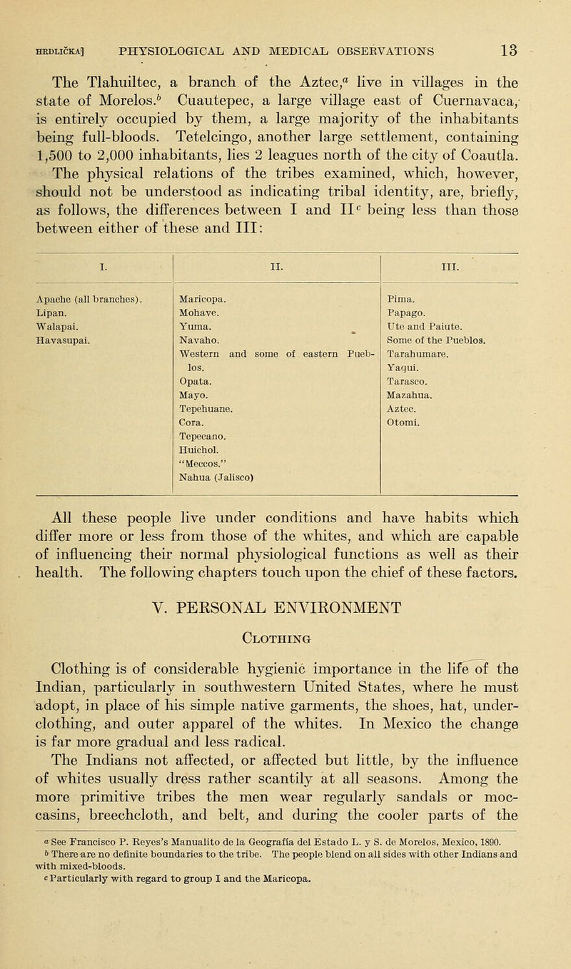 The Tlahuiltec, a branch of the Aztec,'^ Hve in villages in the state of Morelos.^ Cuautepee, a large village east of Cuernavaca/ is entirely occupied by them, a large majority of the inhabitants being full-bloods. Tetelcingo, another large settlement, containing 1,500 to 2,000 inhabitants, lies 2 leagues north of the city of Coautla. The physical relations of the tribes examined, which, however, should not be understood as indicating tribal identity, are, briefly, as follows, the differences between I and II'^ being less than those between either of these and III: I. II. III. Apache (all branches). Maricopa. Pima. Lipan. Mohave. Papago. Walapai. Yuma. Ute and Paiute. Havasupai. Navaho. Some of the Pueblos. Western and 3ome of eastern Pueb- Tarahumare. Ids. Yaqui. Opata. Tarasco. Mayo. Mazahua. Tepehuane. Aztec. Cora. Otomi. Tepecano. Huichol. Meccos. Nahua (Jalisco) All these people live under conditions and have habits which differ more or less from those of the whites, and which are capable of influencing their normal physiological functions as well as their health. The following chapters touch upon the chief of these factors. V. PERSONAL ENVIRONMENT Clothing Clothing is of considerable hygienic importance in the life^f the Indian, particularly in southwestern United States, where he must adopt, in place of his simple native garments, the shoes, hat, under- clothing, and outer apparel of the whites. In Mexico the change is far more gradual and less radical. The Indians not affected, or affected but little, by the influence of whites usually dress rather scantily at all seasons. Among the more primitive tribes the men wear regularly sandals or moc- casins, breechcloth, and belt, and during the cooler parts of the a. See Francisco P. Reyes's Manualito de la Geografia del Estado L. y S. de Morelos, Mexico, 1890. 6 There are no definite boundaries to the tribe. The people blend on all sides with other Indians and with mixed-bloods. c Particularly with regard to group I and the Maricopa.