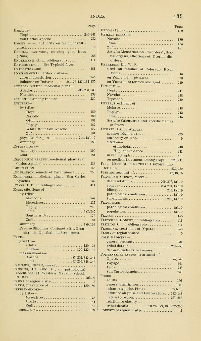 Emetics— Hopi 240-241 San Carlos Apache 232 Emory, , authority on region investi- gated 2 Encelia farinosa, chewing gum from (Pima) 265 Engelmann, G., in bibliography 411 Enteric fever. See Typhoid fever. Enteritis (Zuni) 181 Environment of tribes visited— general description 2-5 Influence on Indians ... 36,126-127,134-135 Ephedra viridis, medicinal plant- Apache 233,236,239 Navaho 239 Epidemics among Indians 229 Epilepsy- by tribes— Hopl 180 Navaho 180 Otomi 187 Papago 182 White Mountain Apache 177 Zufil 181 physicians' reports on 214, tab. 9 summary 189 Epithelioma— summary 190 Zuni 181 Eeiogonum alatum, medicinal plant (San Carlos Apache) 233 Eructation 155 EscuLAPiON, remedy of Tarahumare 250 Euphorbia, medicinal plant (San Carlos Apache) 232 Evans, J. P., in bibliography 411 Eyes, affections of— by tribes— Maricopa 247 Mescaleros 237 Papago., 242 Pima 182,245 Southern Ute 176 Zuiii 181 summary 189,191 Seealso Blindness, Conjunctivitis, Gran- ular lids. Ophthalmia, Strabismus. Face— growth— adults 120-122 children 120-122,131 measurements- Apache 283-292,342,344 Pima 292-299,345,347 Families, Indian, size of 41 Fanning, Dr. Geo. R., on pathological conditions at Western Navaho school, N. Mex tab. 9 Fauna of region visited 5 Favus, prevalence of 180,189 Feeble-minded— by tribes— Mescaleros 178 Opata 184 Zuni 181 summary 189 Felon (Pima) i82 Female diseases— Navaho i80 Pima 183 Zuni 181 See also Menstruation (disorders), Sex- ual organs, affections of. Uterine dis- orders. Ferrebee, Dr. W. E.— cited on families of Colorado River Yuma 43 on Yuma drink pissioina 28 on Yuma huts for sick and aged 249 Fetishes— Hopi 241 Navaho 238 Tepecano 229 Fever, treatment of— Mohave 248 Papago 242 Pima 245 See also Calenturas and specific names of fevers. Fewkes, Dr. J. Walter— acknowledgment to 225 authority on Hopi g cited on— ethnobotany 240 Hopi snake dance 241 in bibliography 411 on medical treatment among Hopi... 226,241 Field Museum of Natural History, ma- terial in 232,239 Fishing, account of 17,18,35 Flathead agency, Mont.— deaf and dumb 2O6,207, tab. 9 epilepsy 203,204, tab. 9 idiocy 205, tab. 9 pathological conditions tab. 9 tuberculosis 210, tab. 9 Flatheads— pathological conditions tab. 9 population tab. 9 Flatus 155 Fletcher, Robert, in bibliography 411 Flexion, C, in bibliography 411 Flooding, treatment of (Opata) 250 Flora of region visited 5 Folk medicine— general account 231 tribal details 231-253 See also under tribal names. Fontanel, anterior, treatment of— Opata 75,249 Papago 243 Pima 243 San Carlos Apache 233 Foods— adults 156 general description 19-20 infants (Apache, Pima) tab. 1 influence on pulse and temperature... 142-143 native to region 257-266 relation to obesity 156 tribal details 20-26,179,180,257-266 Forests of region visited 2