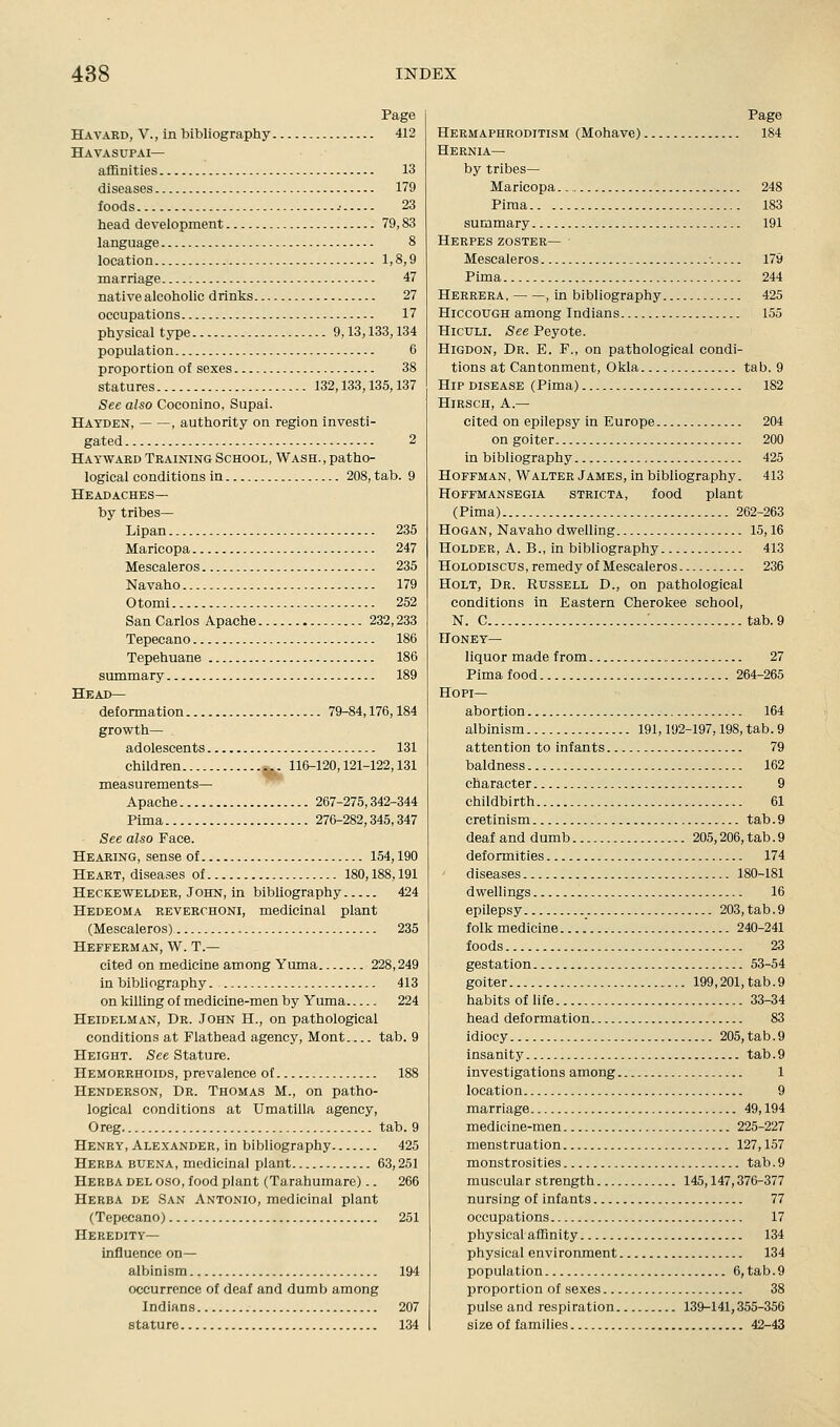 Havaed, V., in bibliography 412 Havasupai— affinities 13 diseases 179 foods -• 23 head development 79,83 language 8 location 1,8,9 marriage 47 native alcoholic drinks 27 occupations 17 physical type 9,13,133,134 population 6 proportion of sexes 38 statures 132,133,135,137 See also Coconino, Supai. Hatden, , authority on region investi- gated 2 Hayward Training School, Wash., patho- logical conditions in 208, tab. 9 Headaches— by tribes— Lipan 235 Maricopa 247 Mescaleros 235 Navaho 179 Otomi 252 San Carlos Apache 232,233 Tepecano 186 Tepehuane 186 summary 189 Head— deformation 79-84,176,184 growth- adolescents 131 children ,. 116-120,121-122,131 measurements— Apache 267-275,342-344 Pima 276-282,345,347 See also Face. Hearing, sense of 154,190 Heart, diseases of 180,188,191 Heckewelder, John, in bibliography 424 Hedeoma reverchoni, medicinal plant (Mescaleros) 235 Hefferman, W. T.— cited on medicine among Yuma 228,249 in bibliography. 413 on killing of medicine-men by Yuma 224 Heidelman, Dr. John H., on pathological conditions at Flathead agency, Mont tab. 9 Height. See Stature. Hemorrhoids, prevalence of 188 Henderson, Dr. Thomas M., on patho- logical conditions at Umatilla agency, Oreg tab. 9 Henry, Alexander, in bibliography 425 Herba buena, medicinal plant 63,251 Herba del oso, food plant (Tarahumare).. 266 Herba de San Antonio, medicinal plant (Tepecano) 251 Heredity— influence on— albinism 194 occurrence of deaf and dumb among Indians 207 stature 134 Hermaphroditism (Mohave) 184 Hernia— by tribes— Maricopa., 248 Pima 183 summary 191 Herpes zoster— Mescaleros 179 Pima 244 Herrera, , in bibliography 425 Hiccough among Indians 155 HicuLi. See Peyote. Higdon, Dr. E. F., on pathological condi- tions at Cantonment, Okla tab. 9 Hip disease (Pima) 182 HiRSCH, A.— cited on epilepsy in Europe 204 on goiter 200 in bibliography 425 Hoffman, Walter James, in bibliography. 413 HOFFMANSEGIA STRICTA, food plant (Pima) 262-263 HoGAN, Navaho dwelling 15,16 Holder, A. B., in bibliography 413 Holodiscus , remedy of Mescaleros 236 Holt, Dr. Russell D., on pathological conditions in Eastern Cherokee school, N. C ■ tab. 9 Honey— liquor made from 27 Pima food 264-265 HoPi— abortion 164 albinism 191,192-197,198, tab. 9 attention to infants 79 baldness 162 character 9 childbirth 61 cretinism tab.9 deaf and dumb 205,206,tab.9 deformities 174 diseases 180-181 dwellings 16 epilepsy 203, tab.9 folk medicine. 240-241 foods 23 gestation 53-54 goiter 199,201, tab.9 habits of lite 33-34 head deformation 83 idiocy 205, tab.9 insanity tab.9 investigations among 1 location 9 marriage 49,194 medicine-men 225-227 menstruation 127,157 monstrosities tab.9 muscular strength 145,147,376-377 nursing of infants 77 occupations 17 physical affinity 134 physical environment 134 population 6, tab.9 proportion of sexes 38 pulse and respiration 139-141,355-356 size of families 42-43