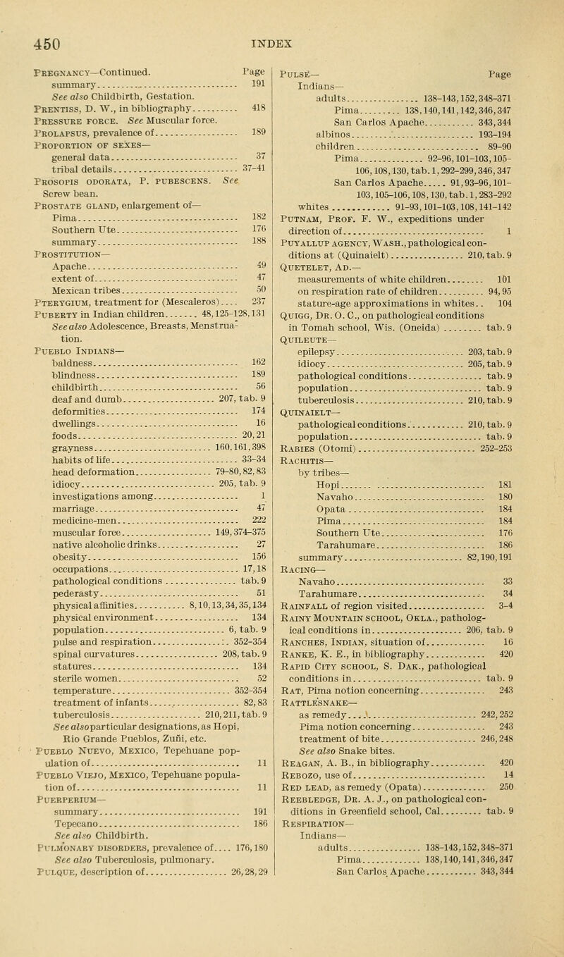 Pregnancy—Continued. Page summary 191 See also Childbirth, Gestation. Prentiss, D. W., in bibliography 418 Pressure force. See Muscular force. Prolapsus, prevalence of 189 Proportion of sexes— general data 37 tribal details 37-4] Pbosopis odorata, p. pubescens. See Screw bean. Prostate gland, enlargement of— Pima 182 Southern Ute 170 siunmary 188 Prostitution— Apache 49 extent of - 47 Mexican tribes 50 Pterygium, treatment for (Mescaleros) 237 Puberty in Indian children 48,125-128,131 See also Adolescence, Breasts, Menstrua- tion. Pueblo Indians— baldness 162 blindness 189 childbirth 56 deaf and dumb 207, tab. 9 deformities 174 dwellings 16 foods 20,21 grayness 160,161,398 habits of life 33-34 head deformation 79-80,82,83 idiocy 205, tab. 9 Investigations among 1 marriage 47 medicine-men 222 muscular force 149,374-375 native alcoholic drinks 27 obesity 156 occupations 17,18 pathological conditions tab. 9 pederasty 51 physical affinities 8,10,13,34,35,134 physical environment 134 population 6, tab. 9 pulse and respiration :. 352-354 spinal curvatures 208, tab. 9 statures 134 sterile women 52 temperature 352-354 treatment of infants 82,83 tuberculosis 210,211, tab. 9 See aZso particular designations, as Hopi, Rio Grande Pueblos, Zuni, etc. Pueblo Nuevo, Mexico, Tepehuane pop- ulation of 11 Pueblo Vie jo, Mexico, Tepehuane popula- tion of 11 PUEEPEKIUM— summary 191 Tepecano 186 See also Childbirth. Pulmonary disorders, prevalence of 176,180 See also Tuberculosis, pulmonary. Pulque, description of 26,28,29 PuLSfi— Page Indians— adults 138-143,152,348-371 Pima 138,140,141, 142,346,347 San Carlos Apache 343,344 albinos 193-194 children 89-90 Pima 92-96,101-103,105- 106,108,130, tab. 1,292-299,346,347 San Carlos Apache 91,93-96,101- 103,105-106,108,130, tab. 1,283-292 whites 91-93,101-103,108,141-142 Putnam, Prof. F. W., expeditions under direction of 1 PuYALLUP agency, WASH.,pathological con- ditions at (Quinaielt) 210, tab. 9 Quetelet, Ad.— measurements of white children lOl on respiration rate of children 94,95 stature-age approximations in whites.. 104 QuiGG, Dr. O. C, on pathological conditions in Tomah school. Wis. (Oneida) tab. 9 Quileute— epilepsy 203, tab. 9 idiocy 205, tab. 9 pathological conditions tab. 9 population tab. 9 tuberculosis 210, tab. 9 Quinaielt— pathological conditions 210, tab. 9 population tab. 9 Rabies (Otomi) 252-253 Rachitis— by tribes— Hopi '. 181 Navaho 180 Opata 184 Pima 184 Southern Ute 176 Tarahumare 186 summary 82,190,191 Racing— Navaho 33 Tarahumare 34 Rainfall of region visited 3-4 Rainy Mountain SCHOOL, Okla., patholog- ical conditions in 206, tab. 9 Ranches, Indian, situation of 16 Ranke, K. E., in bibhography 420 Rapid City school, S. Dak., pathological conditions in tab. 9 Rat, Pima notion concerning 243 Rattlesnake— as remedy....' 242,252 Pima notion concerning 243 treatment of bite 246,248 See also Snake bites. Reagan, A. B., in bibliography 420 Rebozo, use of : 14 Red lead, as remedy (Opata) 250 Reebledge, Dr. a. J., on pathological con- ditions in Greenfield school, Cal tab. 9 Respiration— Indians— adults 138-143,152,348-371 Pima 138,140,141, 346,347 San Carlos Apache 343,344