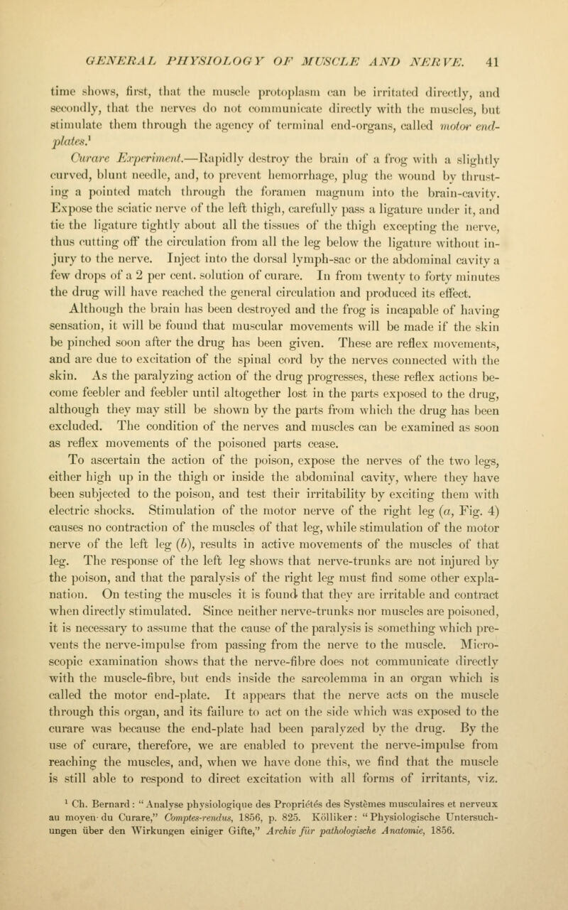 time shows, first, that the nuiscle prutophisin can be irritated directly, and secondly, tiiat the nerves do not eonimuuicate directly with the muscles, but stimulate them through the agency of terminal end-organs, called moUn- end- plaics} Curare Experiment.—Rapidly destroy the brain of a frog with a slightly curved, blunt needle, and, to prevent hemorrhage, plug the wound by thrust- ing a pointed match through the foramen magnum into the brain-cavitv. Expose the sciatic nerve of the left thigh, carefully j)ass a ligature under it, and tie the ligature tightly about all the tissues of the thigh excepting the nerve, thus cutting off the circulation from all the leg below the ligature without in- jury to the nerve. Inject into the dorsal lymph-sac or tlie abdominal cavity a few drops of a 2 per cent, solution of curare. In from twenty to forty minutes the drug will have reached the general circulation and produced its effect. Although the brain has been destroyed and the frog is incapable of having sensation, it will be found that muscular moveraeuts will be made if the skin be pinched soon after the drug has been given. These are reflex movements, and are due to excitation of the spinal cord by the nerves connected with the skin. As the paralyzing action of the drug progresses, these reflex actions be- come feebler and feebler until altogether lost in the parts exposed to the drug, although they may still be shown by the parts from which the drug has been excluded. The condition of the nerves and muscles can be examined as soon as reflex movements of the poisoned parts cease. To ascertain the action of the poison, expose the nerves of the two legs, either high up in the thigh or inside the abdominal cavity, where they have been subjected to the poison, and test their irritability by exciting them with electric shocks. Stimulation of the motor nerve of the right leg (a, Fig. 4) causes no contraction of the muscles of that leg, while stimulation of the motor nerve of the left leg (6), results in active movements of the muscles of that leg. The response of the left leg shows that nerve-trunks are not injured by the poison, and that the paralysis of the right leg must find some other expla- nation. On testing the muscles it is found that they are irritable and contract when directly stimulated. Since neither nerve-trunks nor muscles are poisoned, it is necessary to assume that the cause of the paralysis is something which pre- vents the nerve-impulse from passing from the nerve to the muscle. Micro- scopic examination shows that the nerve-fibre does not communicate directly with the muscle-fibre, but ends inside the sarcolemma in an organ which is called the motor end-plate. It appears that the nerve acts on the muscle through this organ, and its failure to act on the side which was exposed to the curare was because the end-plate had been paralyzed by the drug. By the use of curare, therefore, we are enabled to prevent the nerve-impulse from reaching the muscles, and, when we have done this, we find that the muscle is still able to respond to direct excitation wnth all forms of irritants, viz. ^ Ch. Bernard : Analyse physiologique des Propri^t^s des Systemes mnsculaires et nerveux au moyen-du Curare, Comptes-rendus, 1856, p. 825. KoUiker:  Physiologische Untersuch- ungen iiber den Wirkungen einiger Gifte, Arckiv fur pathologische Anatomie, 1856.