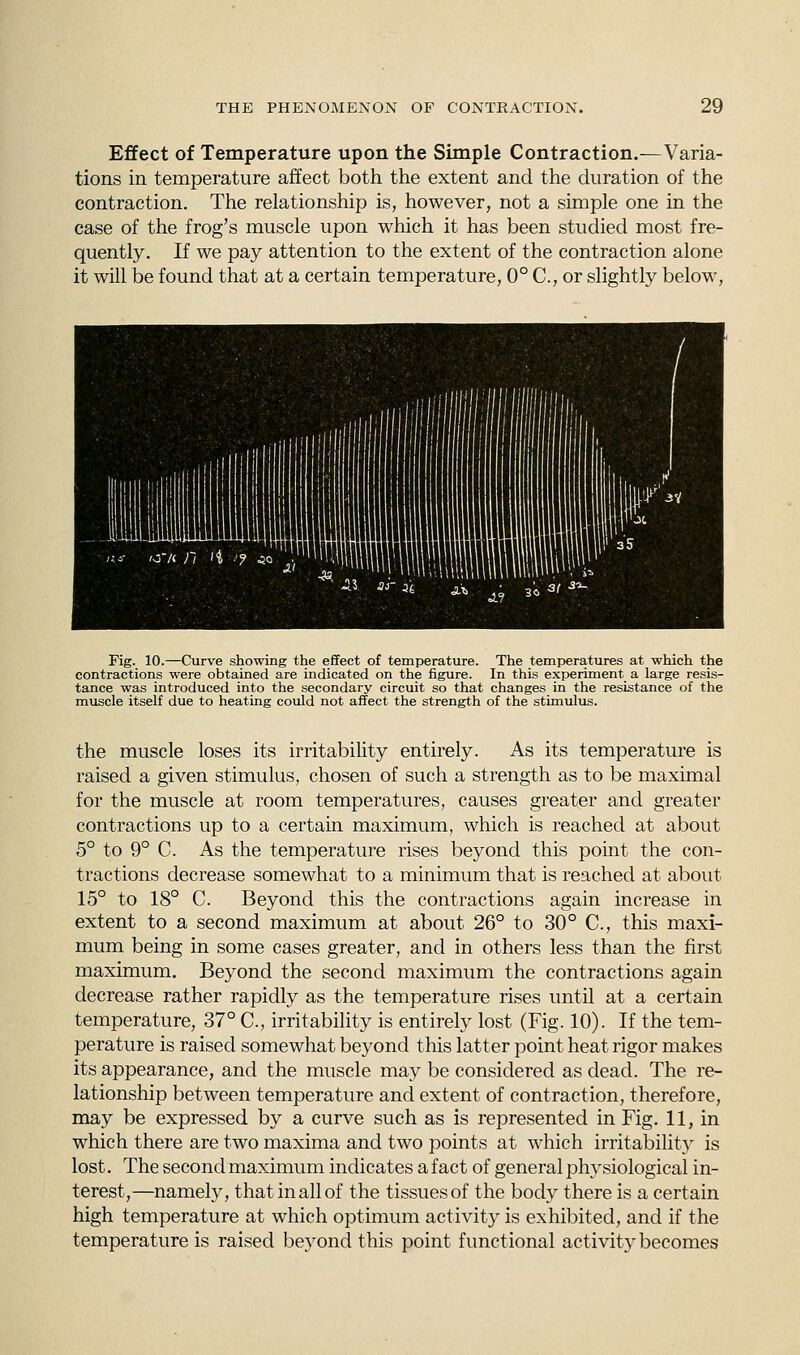 Effect of Temperature upon the Simple Contraction.—Varia- tions in temperature affect both the extent and the duration of the contraction. The relationship is, however, not a simple one in the case of the frog's muscle upon which it has been studied most fre- quently. If we pay attention to the extent of the contraction alone it will be found that at a certain temperature, 0° C, or slightly below, Fig. 10.—Curve showing the effect of temperature. The temperatures at which the contractions were obtained are indicated on the figure. In this experiment a large resis- tance was introduced into the secondary circuit so that changes in the resistance of the muscle itself due to heating could not affect the strength of the stimulus. the muscle loses its irritability entirely. As its temperature is raised a given stimulus, chosen of such a strength as to be maximal for the muscle at room temperatures, causes greater and greater contractions up to a certain maximum, which is reached at about 5° to 9° C. As the temperature rises beyond this point the con- tractions decrease somewhat to a minimum that is reached at about 15° to 18° C. Beyond this the contractions again increase in extent to a second maximum at about 26° to 30° C, this maxi- mum being in some cases greater, and in others less than the first maximum. Beyond the second maximum the contractions again decrease rather rapidly as the temperature rises until at a certain temperature, 37° C, irritability is entirely lost (Fig. 10). If the tem- perature is raised somewhat beyond this latter point heat rigor makes its appearance, and the muscle may be considered as dead. The re- lationship between temperature and extent of contraction, therefore, may be expressed by a curve such as is represented in Fig. 11, in which there are two maxima and two points at which irritability is lost. The second maximum indicates a fact of general physiological in- terest,—namely, that in all of the tissues of the body there is a certain high temperature at which optimum activity is exhibited, and if the temperature is raised beyond this point functional activity becomes