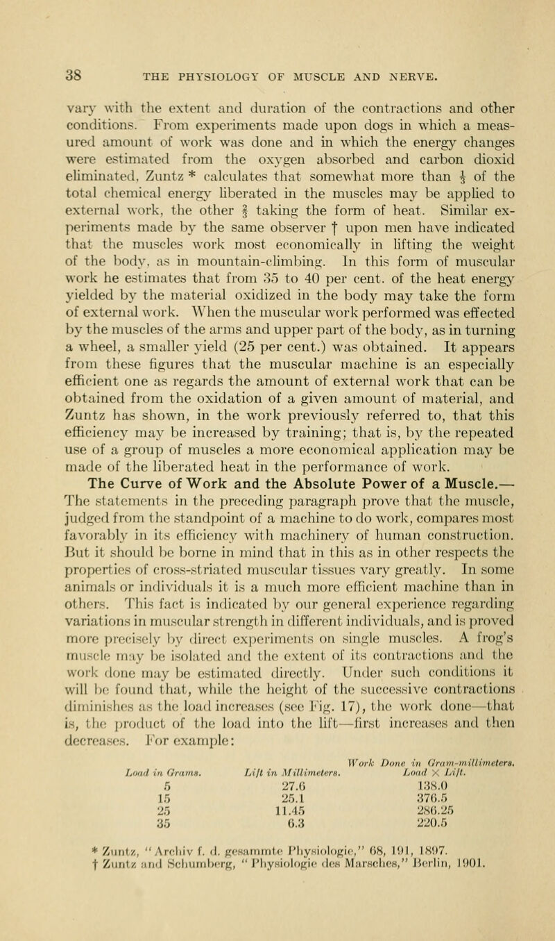 vary with the extent and duration of the contractions and other conditions. From experiments made upon dogs in which a meas- ured amount of work was done and in which the energy changes were estimated from the oxygen absorbed and carbon dioxid eliminated. Zuntz * calculates that somewhat more than ^ of the total chemical energy liberated in the muscles may be applied to external work, the other § taking the form of heat. Similar ex- periments made by the same observer f upon men have indicated that the muscles work most economically in lifting the weight of the body, as in mountain-climbing. In this form of muscular work he estimates that from 35 to 40 per cent, of the heat energy yielded by the material oxidized in the body may take the form of external work. When the muscular work performed was effected by the muscles of the arms and upper part of the body, as in turning a wheel, a smaller yield (25 per cent.) was obtained. It appears from these figures that the muscular machine is an especially efficient one as regards the amount of external work that can be obtained from the oxidation of a given amount of material, and Zuntz has shown, in the work previously referred to, that this efficiency may be increased by training; that is, by the repeated use of a group of muscles a more economical application may be made of the liberated heat in the performance of work. The Curve of Work and the Absolute Power of a Muscle.— The statements in the preceding paragraph prove that the muscle, judged from the standpoint of a machine to do work, compares most favorably in its efficiency with machinery of human construction. But it should be borne in mind that in this as in other respects the properties of cross-striated muscular tissues vary greatly. In some animals or individuals it is a much more efficient machine than in others. This fact is indicated by our general experience regarding variations in muscular strength in different individuals, and is proved more precisely by direel experiments on single muscles. A frog's muscle may be isolated and the extent of its contractions and the work done may be estimated directly. Under such conditions it will be found that, while the height of the successive contract ions diminishes as the load increases (sec Fig. 17), the work done—that is, the product of tin- load into the lift—first increases and then decreases. For example: Work Dune in (I'nnii millimeters. /,(»/// iii Qrams. Lift in. \l illiiiu hri:. Load Lift, 5 27.6 L38.0 15 25.1 376.5 25 11.45 286.25 :;:, <;.:* 22().f) * Zuntz, Archiv f. d. gesammte Phjrsiologie, 'is, 191, L897. t Zutit/. and Bchumberg,  Physiologic dee Marsches, Berlin, 1901.