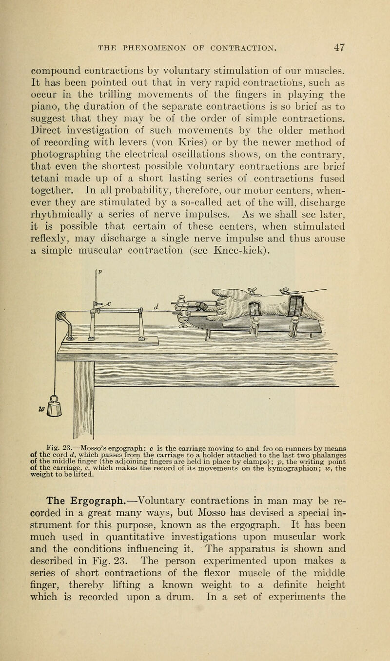 compound contractions by voluntary stimulation of our muscles. It has been pointed out that in very rapid contractions, such as occur in the trilling movements of the fingers in playing the piano, the duration of the separate contractions is so brief as to suggest that they may be of the order of simple contractions. Direct investigation of such movements by the older method of recording with levers (von Kries) or by the newer method of photographing the electrical oscillations shows, on the contrary, that even the shortest possible voluntary contractions are brief tetani made up of a short lasting series of contractions fused together. In all probability, therefore, our motor centers, when- ever they are stimulated by a so-called act of the will, discharge rhythmically a series of nerve impulses. As we shall see later, it is possible that certain of these centers, when stimulated reflexly, may discharge a single nerve impulse and thus arouse a simple muscular contraction (see Knee-kick). Fig. 23.—Mosso's ergograph: c is the carriage moving to and fro on runners by means of the cord d, which passes from the carriage to a holder attached to the last two phalanges of the middle finger (the adjoining fingers are held in place by clamps); p, the writing point of the carriage, c, which makes the record of its movements on the kymographion; w, the weight to be lifted. The Ergograph.—Voluntary contractions in man may be re- corded in a great many ways, but Mosso has devised a special in- strument for this purpose, known as the ergograph. It has been much used in quantitative investigations upon muscular work and the conditions influencing it. The apparatus is shown and described in Fig. 23. The person experimented upon makes a series of short contractions of the flexor muscle of the middle finger, thereby lifting a known weight to a definite height which is recorded upon a drum. In a set of experiments the