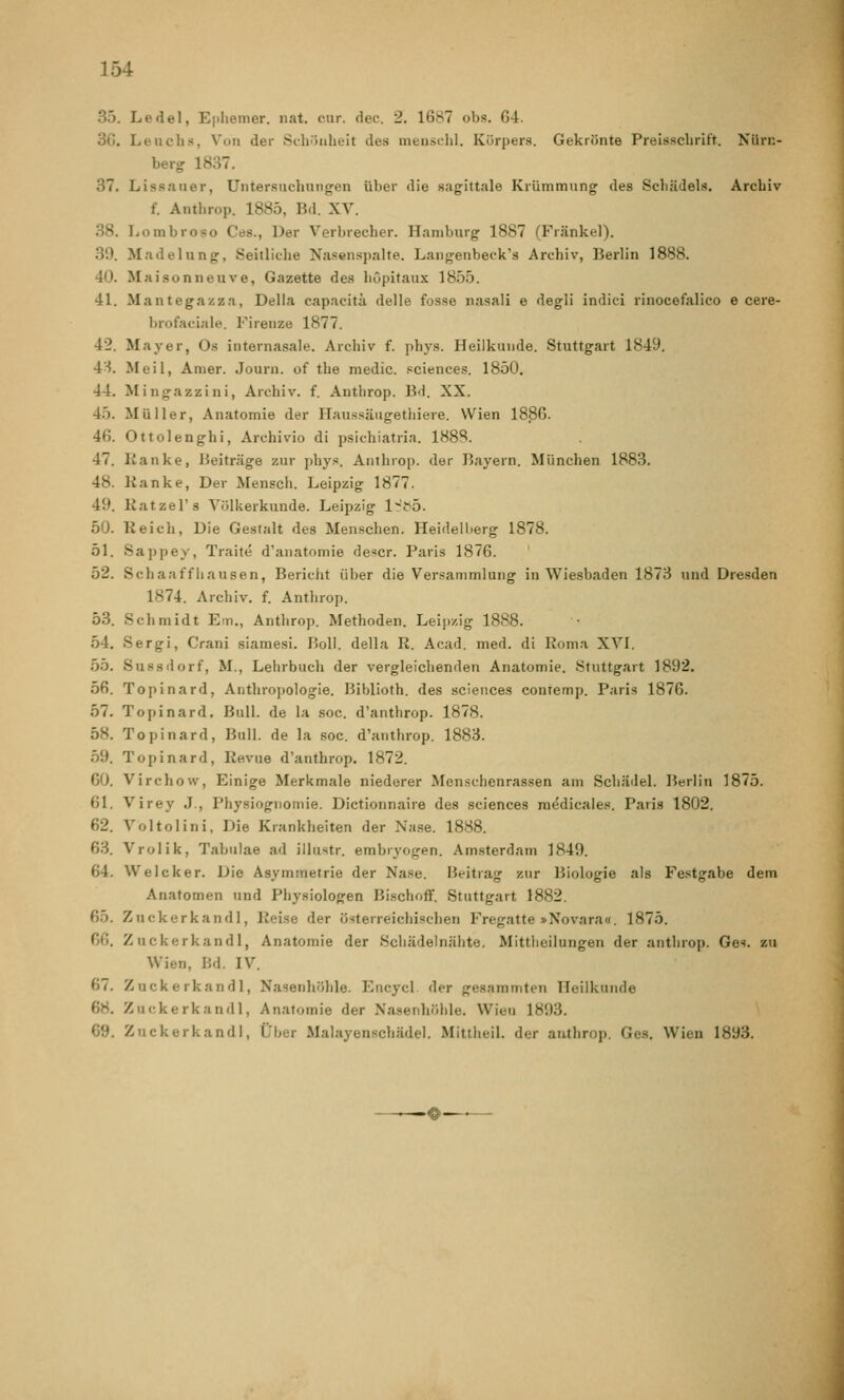 35. Ledel, Epliemer. iiat. cur. dec. 2. 1687 obs. G4. 3G. Leuclis, Von der Schönheit des mensclil. Kürpers. Gekrönte Preisschrift. Nürn- berg' 1837. 37. Lissauer, Untersnchungen über die sagittale Krümmung des Schädels. Archiv f. Anthrop. 1885, Bd. XV. 38. Ijombroso Ges., Der Verbrecher. Hamburg 1887 (Fränkel). 39. Madelung, Seitliche Nasenspalte. Langenbeck's Archiv, Berlin 1888. 40. Maisonneuve, Gazette des hOpitaux 1855. 41. Mantegazza, Della capacitä delle fosse nasali e degli indici rinocefalico e cere- brofaciale. Firenze 1877. 42. Mayer, Os internasale. Archiv f. phys. Heilkunde. Stuttgart 1849. 48. Meil, Amer. Journ. of the medic. .«ciences. 1850. 44. Mingazzini, Archiv, f. Anthrop. Bd. XX. 45. Müller, Anatomie der Haussäugethiere. Wien 1886. 46. Ottolenghi, Archivio di psichiatria. 1888. 47. Ranke, Beiträge zur phys. Anthrop. der Bayern. München 1883. 48. Itanke, Der Mensch. Leipzig 1877. 49. Katzel's V<)lkerkunde. Leipzig l'>5. 50. Reich, Die Gestalt des Menschen. Heidelberg 1878. 51. Sappey, Traite d'anatomie descr. Paris 1876. 52. Schaaffiiausen, Bericht über die Versammlung in Wiesbaden 1878 und Dresden 1874. Archiv, f. Anthrop. 53. Schmidt Em., Anthrop. Methoden. Leii)zig 1888. 54. Sergi, Crani siamesi. Boll. della R. Acad. med. di Roma XVI. 55. Sussdorf, M., Lehrbuch der vergleichenden Anatomie. Stuttgart 1892. 56. Topinard, Anthropologie. Biblioth. des sciences contemp. Paris 1876. 57. Topinard, Bull, de la soc. d'anthrop. 1878. 58. Topinard, Bull, de la soc. d'anthrop. 1883. 59. Topinard, Revue d'anthrop, 1872. 60. Virchow, Einige Merkmale niederer Menschenrassen am Schädel. Berlin 1875. 61. Virey J., Physiognomie. Dictionnaire des sciences ra^dicales. Paris 1802. 62. Vbltolini, Die Krankheiten der Nase. 1888. 63. Vrolik, Tabulae ad illustr. embryogen. Amsterdam 1849. 64. Weicker. Die Asymmetrie der Nase. Beitrag zur Biologie als Festgabe dem Anatomen und Physiologen Bischoff. Stuttgart 1882. 65. Zuckerkandl, Reise der österreichischen Fregatte »Novara«. 1875. 66. Zuckerkandl, Anatomie der Schädelnähte. Mittlieilungen der anthrop. Ges. zti Wien, Bd. IV. 67. Zuckerkandl, Nasenhöhle. Encycl der gesammten Heilkunde 68. Zuckerkandl, Anatomie der Nasenhöhle. Wien 1893. 69. Ziickerkandl, Über Malayenschädel. Mitliieil. der anthrop. Ges. Wien 1893. .©