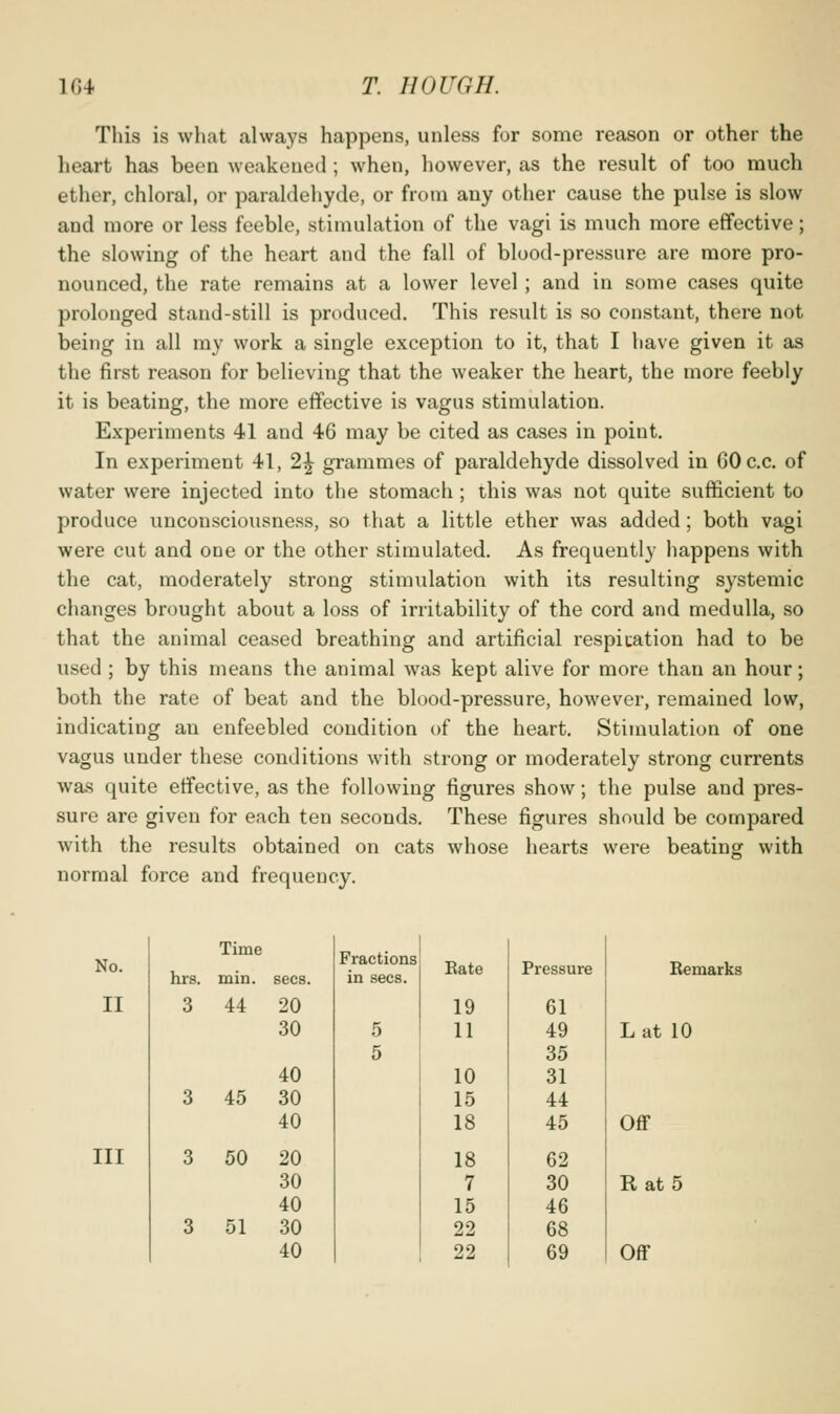 This is what always happens, unless for some reason or other the heart has been weakened; when, however, as the result of too much ether, chloral, or paraldehyde, or from any other cause the pulse is slow and more or less feeble, stimulation of the vagi is much more effective; the slowing of the heart and the fall of blood-pressure are more pro- nounced, the rate remains at a lower level; and in some cases quite prolonged stand-still is produced. This result is so constant, there not being in all my work a single exception to it, that I have given it as the first reason for believing that the weaker the heart, the more feebly it is beating, the more effective is vagus stimulation. Experiments 41 and 46 may be cited as cases in point. In experiment 41, 2^ grammes of paraldehyde dissolved in GOc.c. of water were injected into the stomach; this was not quite sufficient to produce unconsciousness, so that a little ether was added; both vagi were cut and one or the other stimulated. As frequently happens with the cat, moderately strong stimulation with its resulting systemic changes brought about a loss of irritability of the cord and medulla, so that the animal ceased breathing and artificial respitation had to be used ; by this means the animal was kept alive for more than an hour; both the rate of beat and the blood-pressure, however, remained low, indicating an enfeebled condition of the heart. Stimulation of one vagus under these conditions with strong or moderately strong currents was quite effective, as the following figures show; the pulse and pres- sure are given for each ten seconds. These figures should be compared with the results obtained on cats whose hearts were beating with normal force and frequency. No. hrs. Time min. sees II 3 44 20 30 40 3 45 30 40 III 3 50 20 30 40 3 51 30 40 Fractions in sees. Eate Pressure 19 61 5 11 49 5 35 10 31 15 44 18 45 18 62 7 30 15 46 22 68 22 69 Remarks Lat 10 Off R at 5 Off