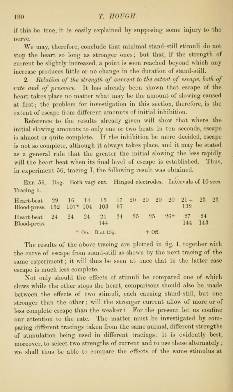 if this be true, it is easily explained by supposing some injury to the nerve. We may, therefore, conclude that minimal stand-still stimuli do not stop the heart so long as stronger ones; but that, if the strength of current be slightly increased, a point is soon reached beyond which any increase produces little or no change in the duration of stand-still. 2. Relation of the stvemjth of current to the extent of escape, both of rate and of pressure. It has already been shown that escape of the heart takes place no matter what may be the amount of slowing caused at first; the problem for investigation in this section, therefore, is the extent of escape from different amounts of initial inhibition. Reference to the results already given will show that where the initial slowing amounts to only one or two beats in ten seconds, escape is almost or quite complete. If the inhibition be more decided, escape is not so complete, although it always takes place, and it may be stated as a general rule that the greater the initial slowing the less rapidly will the heart beat when its final level of escape is established. Thus, in experiment 56, tracing I, the following result was obtained. Hinged electrodes. Intervals of 10 sees. 20 20 20 20 21 + 23 23 132 2.5 2.5 2Gt 27 24 144 143 Exp. 56. Dog. Both vagi cut. Hit Tracing I. Heart-beat 29 16 14 15 17 Blood-press. 132 107* 104 103 97 Heart-beat 24 24 24 24 24 Blood-press. 144 * On. R at 13i. t Off. The results of the above tracing are plotted in fig. 1, together with the curve of escape from stand-still as shown by the next tracing of the same experiment; it will thus be seen at once that in the latter case escape is much less complete. Not only should the effects of stimuli be compared one of which slows while the other stops the heart, comparisons should also be made between the effects of two stimuli, each causing stand-still, but one stronger than the other; will the stronger current allow of more or of less complete escape than the weaker ? For the present let us confine our attention to the rate. The matter must be investigated by com- paring different tracings taken from the same animal, different strengths of stimulation being used in different tracings; it is evidently best, moreover, to select two strengths of current and to use these alternately ; we shall thus be able to compare the effects of the same stimulus at