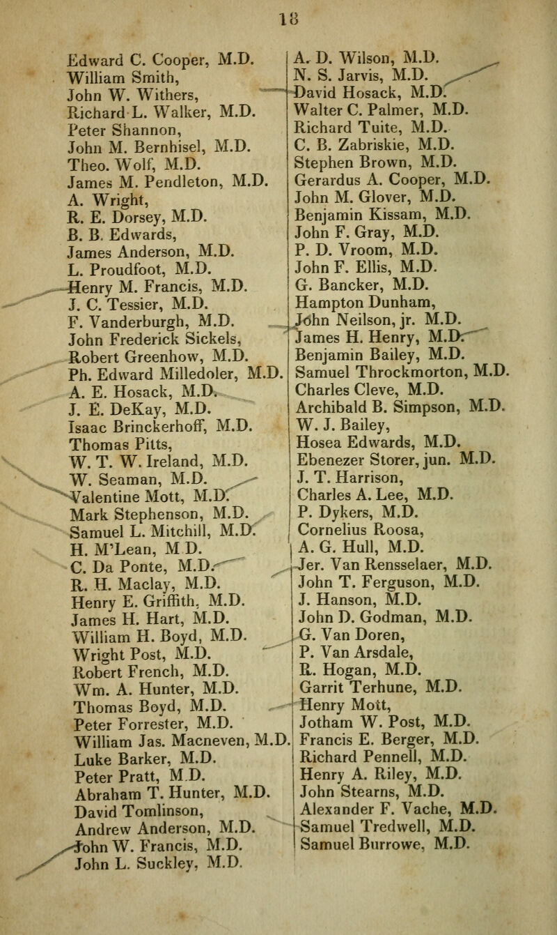 Edward C. Cooper, M.D. William Smith, John W. Withers, Richard L. Walker, M.D. Peter Shannon, John M. Bernhisel, M.D. Theo. Wolf, M.D. James M. Pendleton, M.D. A. Weight, R. E. Dorsey, M.D. B. B. Edwards, James Anderson, M.D. L. Proudfoot, M.D. [enry M. Francis, M.D. J. C. Tessier, M.D. F. Vanderburgh, M.D. John Frederick Sickels, Robert Greenhow, M.D. Ph. Edward Milledoler, M.D. A. E. Hosack, M.D. J. E. DeKay, M.D. Isaac BrinckerhofF, M.D. Thomas Pitts, W. T. W. Ireland, M.D. W. Seaman, M.D. ^^ --Valentine Mott, M.D. Mark Stephenson, M.D. Samuel L. Mitchill, M.D. H. M'Lean, M D. C. Da Ponte, M.D.-^ R. H. Maclay, M.D. Henry E. Griffith, M.D. James H. Hart, M.D. William H. Boyd, M.D. Wright Post, M.D. Robert French, M.D. Wm. A. Hunter, M.D. Thomas Boyd, M.D. Peter Forrester, M.D. William Jas. Macneven, M.D. Luke Barker, M.D. Peter Pratt, M.D. Abraham T. Hunter, M.D. David Tomlinson, Andrew Anderson, M.D. l-ohn W. Francis, M.D. John L. Suckley, M.D. A. D. Wilson, M.D. ^ N. S. Jarvis, M.D. ^--^ David Hosack, M.D. Walter C. Palmer, M.D. Richard Tuite, M.D. C. B. Zabriskie, M.D. Stephen Brown, M.D. Gerardus A. Cooper, M.D. John M. Glover, M.D. Benjamin Kissam, M.D. John F. Gray, M.D. P. D. Vroom, M.D. John F. Ellis, M.D. G. Bancker, M.D. Hampton Dunham, J[<5hn Neilson, jr. M.D. James H. Henry, M.DT Benjamin Bailey, M.D. Samuel Throckmorton, M.D. Charles Cleve, M.D. Archibald B. Simpson, M.D. W. J. Bailey, Hosea Edwards, M.D. Ebenezer Storer, jun. M.D. J. T. Harrison, Charles A. Lee, M.D. P. Dykers, M.D. Cornehus Roosa, i A. G. Hull, M.D. Jer. Van Rensselaer, M.D. John T. Ferguson, M.D. J. Hanson, M.D. John D. Godman, M.D. G. Van Doren, P. Van Arsdale, R. Hogan, M.D. Garrit Terhune, M.D. Henry Mo it, Jotham W. Post, M.D. Francis E. Berger, M.D. Richard Pennell, M.D. Henry A. Riley, M.D. John Stearns, M.D. Alexander F. Vache, M.D. Samuel Tredwell, M.D. Samuel Burrowe, M.D.