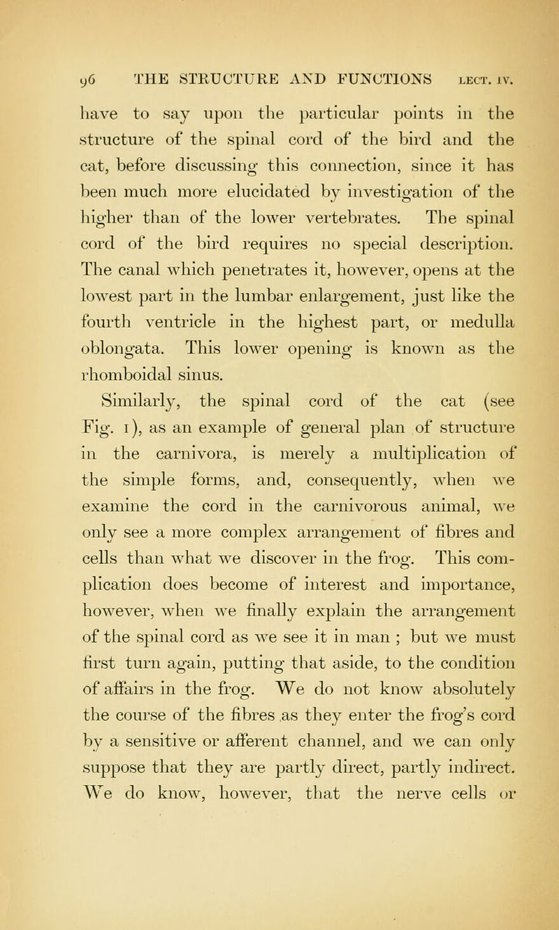 have to say upon the particular points in the structure of the spinal cord of the bird and the cat, before discussing this connection, since it has ])een much more elucidated by investigation of the higher than of the lower vertebrates. The spinal cord of the Ijird requires no special description. The canal which penetrates it, however, opens at the lowest part in the lumbar enlargement, just like the fourth ventricle in the highest part, or medulla oblongata. This lower opening is known as the rhomboidal sinus. Similarly, the spinal cord of the cat (see Fig, i), as an example of general plan of structure in the carnivora, is merely a multiplication of the simple forms, and, consequently, Avhen Ave examine the cord in the carnivorous animal, we only see a more complex arrangement of fibres and cells than what we discover in the frog-. This com- plication does become of interest and importance, however, when we finally explain the arrangement of the spinal cord as \ve see it in man ; but we must first turn again, putting that aside, to the condition of affairs in the frog. We do not know absolutely the course of the fibres as they enter the frog's cord by a sensitive or afferent channel, and we can only suppose that they are partly direct, partly indirect. We do know, however, that the nerve cells (jr