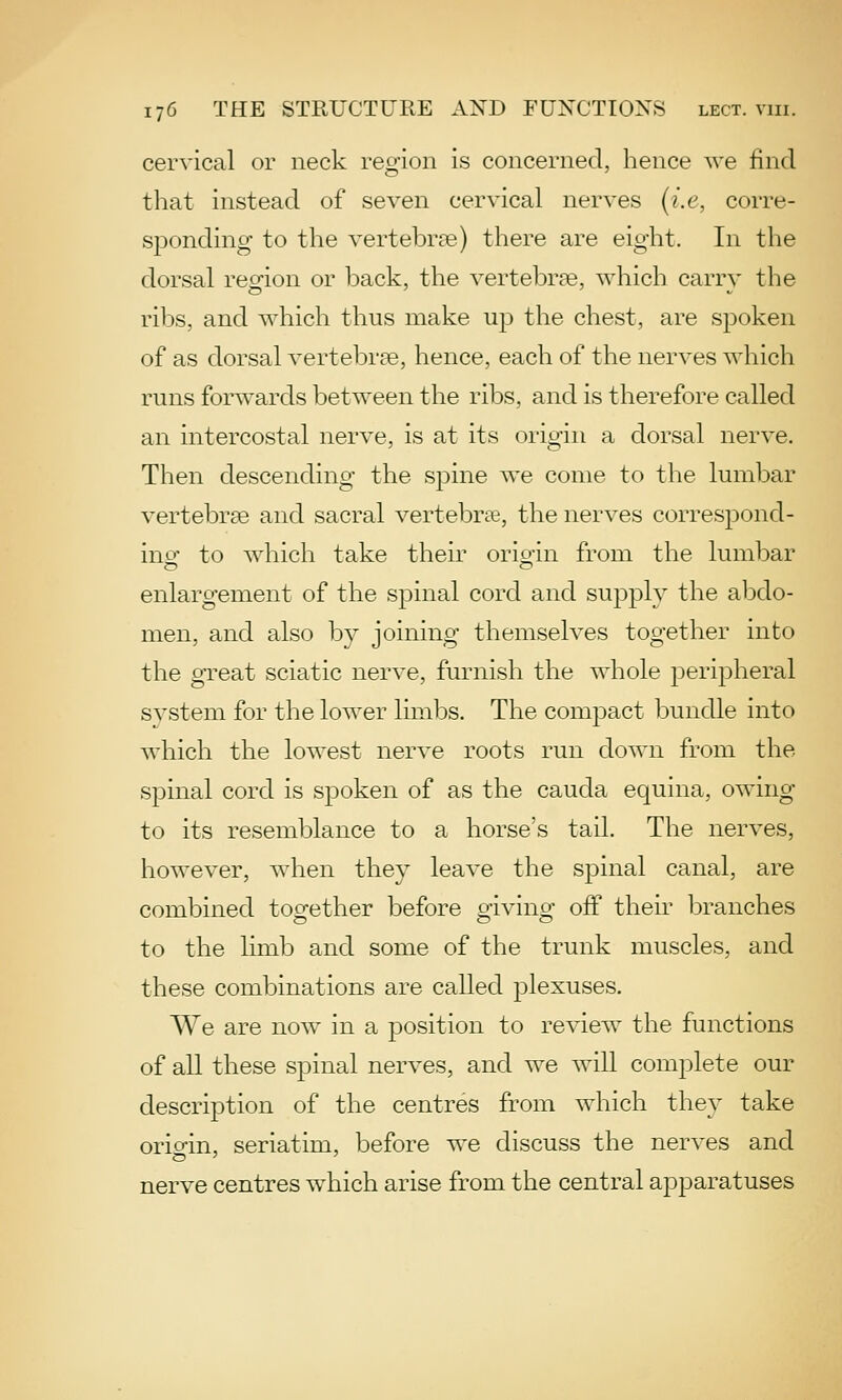 cervical or neck region is concerned, hence we find that instead of seven cervical nerves (i.e, corre- sponding to the vertebrae) there are eight. In the dorsal reofion or back, the vertebrae, which carrv the ribs, and which thus make up the chest, are spoken of as dorsal vertebrae, hence, each of the nerves which runs forwards between the ribs, and is therefore called an intercostal nerve, is at its origin a dorsal nerve. Then descending the spine we come to the lumbar vertebrae and sacral vertebrae, the nerves correspond- ing- to which take their origin from the lumbar enlargement of the spinal cord and supply the abdo- men, and also by joining themselves together into the great sciatic nerve, furnish the whole peripheral system for the lower limbs. The compact bundle into which the lowest nerve roots run down from the spinal cord is spoken of as the cauda equina, owing to its resemblance to a horse's tail. The nerves, however, when they leave the spinal canal, are combined together before giving off theii' branches to the limb and some of the trunk muscles, and these combinations are called plexuses. We are now in a position to review the functions of all these spinal nerves, and we will complete our description of the centres from which they take orio-in, seriatim, before we discuss the nerves and nerve centres which arise from the central apparatuses