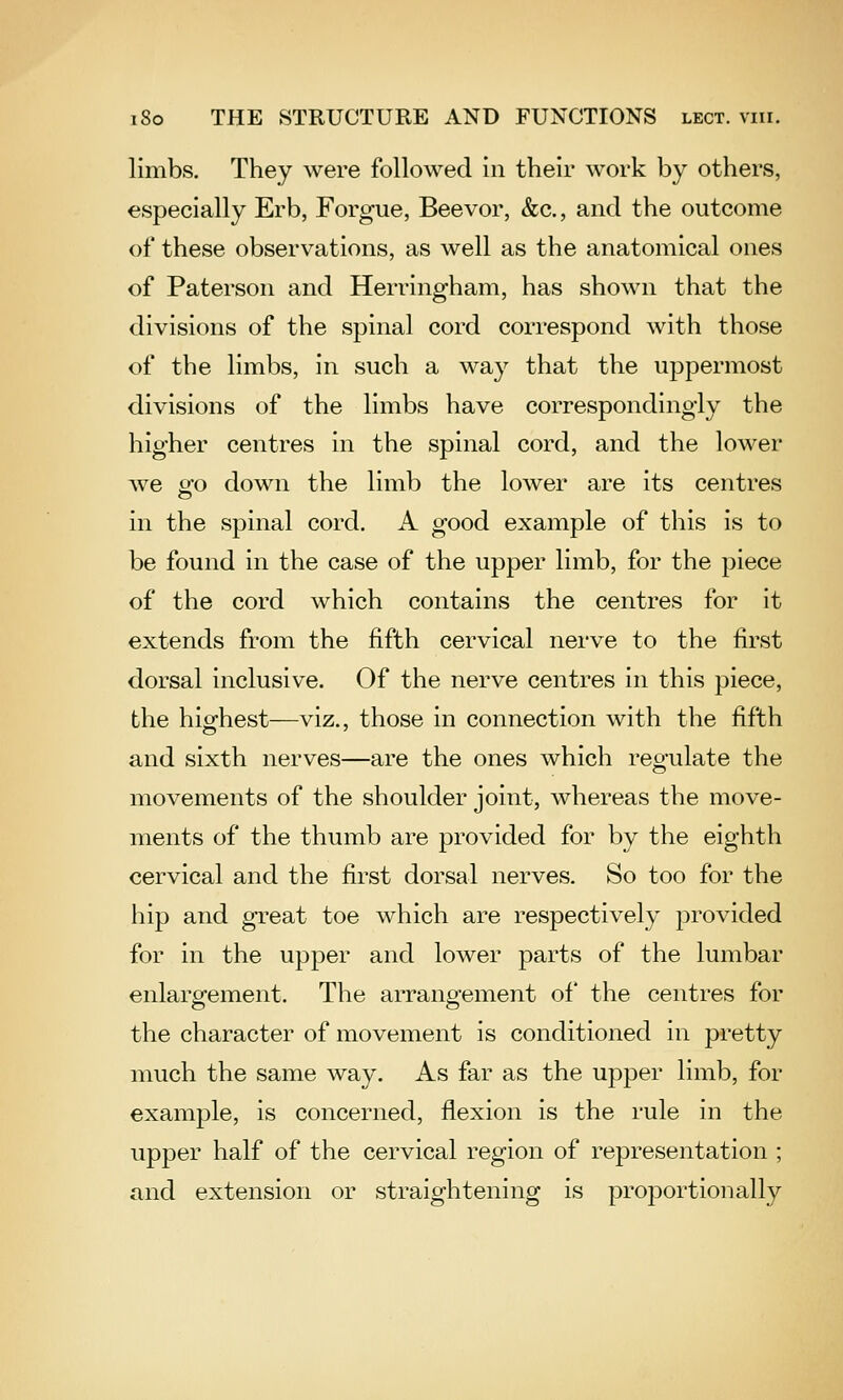 limbs. They were followed In their work by others, especially Erb, Forgue, Beevor, &c., and the outcome of these observations, as well as the anatomical ones of Paterson and Herringham, has shown that the divisions of the spinal cord correspond with those of the limbs, in such a way that the uppermost divisions of the limbs have correspondingly the higher centres in the spinal cord, and the lower we q:o down the limb the lower are its centres in the spinal cord. A good example of this is to be found in the case of the upper limb, for the piece of the cord which contains the centres for it extends from the fifth cervical nerve to the first dorsal inclusive. Of the nerve centres in this piece, the highest—viz., those in connection with the fifth and sixth nerves—are the ones which regulate the movements of the shoulder joint, whereas the move- ments of the thumb are provided for by the eighth cervical and the first dorsal nerves. So too for the hip and great toe which are respectively provided for in the upper and lower parts of the lumbar enlargement. The arrangement of the centres for the character of movement is conditioned in pretty much the same way. As far as the upper limb, for example, is concerned, flexion is the rule in the upper half of the cervical region of representation ; and extension or straightening is proportionally