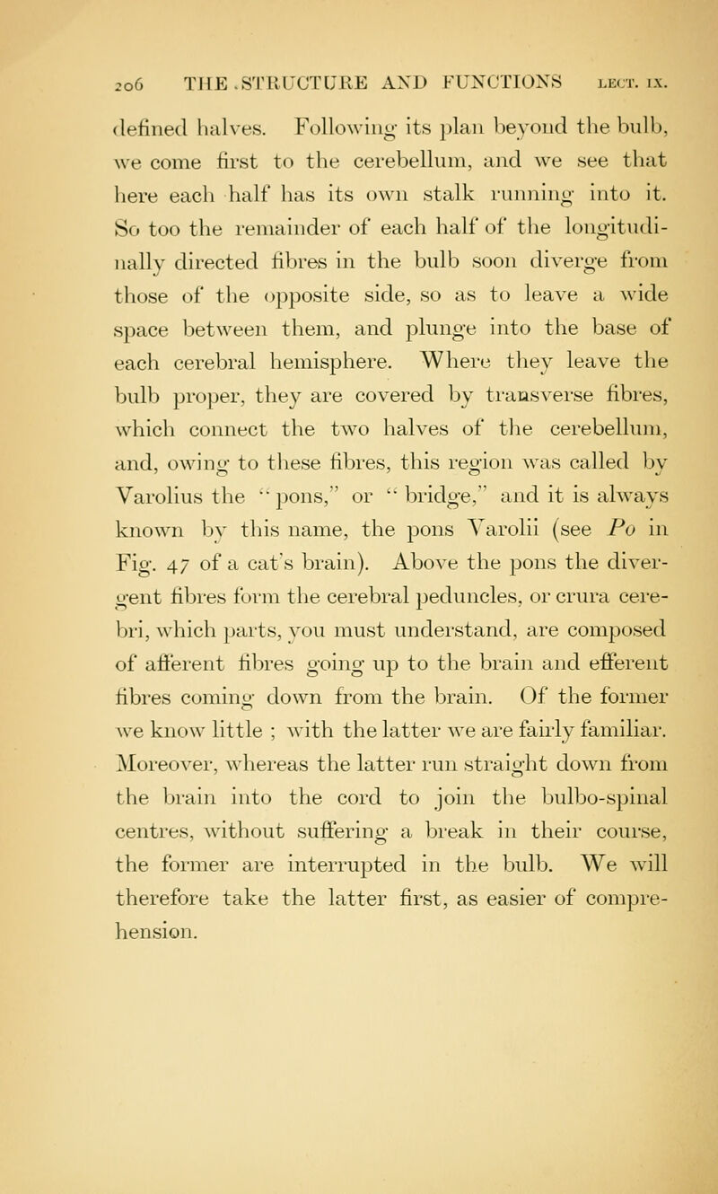 defined halves. Following- its plan lieyond tlie bull), we come first to the cerebellum, and we see that here each half* has its own stalk running into it. So too the remainder of each half of the longitudi- nally directed fibres in the bulb soon diverge from those of the opposite side, so as to leave a wide space between them, and plunge into the base of each cerebral hemisphere. Where they leave the bulb proper, they are covered by transverse fibres, which connect the two halves of the cerebellum, and, owino- to these fibres, this reoion was called bv Varolius the ••23ons, or 'bridge, and it is always known by this name, the pons Varolii (see Po in Fig. 47 of a cat's brain). Above the pons the diver- gent fibres form the cerebral peduncles, or crura cere- bri, which parts, you must understand, are composed of afi'erent fibres going up to the brain and efferent fibres comino- down from the brain. Of the former we know little ; with the latter we are fairly familiar. Moreover, whereas the latter run straight down from the brain into the cord to join the bulbo-spinal centres, without suffering a break in their course, the former are interrupted in the bulb. We will therefore take the latter first, as easier of compre- hension.