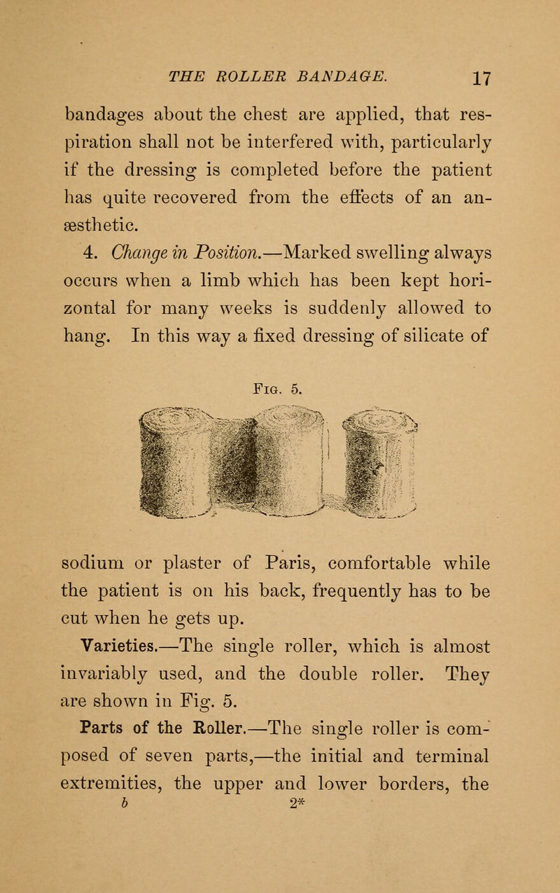 bandages about the chest are applied, that res- piration shall not be interfered with, particularly if the dressing is completed before the patient has quite recovered from the effects of an an- aesthetic. 4. Change in Position.—Marked swelling always occurs when a limb which has been kept hori- zontal for many weeks is suddenly allowed to hang. In this way a fixed dressing of silicate of Fig. 5. ■^/' ^ sodium or plaster of Paris, comfortable while the patient is on his back, frequently has to be cut when he gets up. Varieties.—The single roller, which is almost invariably used, and the double roller. They are shown in Fig. 5. Parts of the Roller.—The sins^le roller is com- posed of seven parts,—the initial and terminal extremities, the upper and lower borders, the h 2*