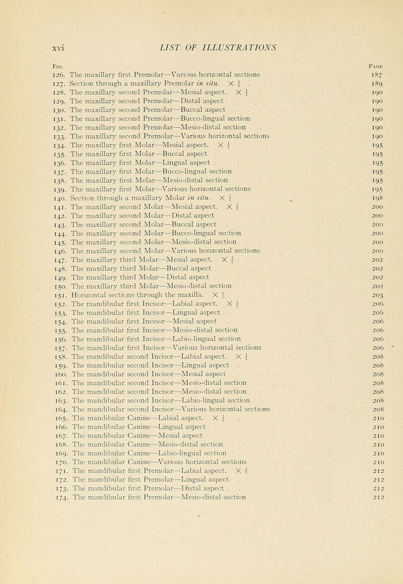 Fig. Page 126. The maxillary first Premolar—Various horizontal sections 187 127. Section through a maxillary Premolar in situ. X I 189 128. The maxillary second Premolar—Mesial aspect. X t 190 129. The maxillary second Premolar—Distal aspect 190 130. The maxillary second Premolar—Buccal aspect 190 131. The maxillary second Premolar—Bucco-lingual section 190 132. The maxillary second Premolar—Mesio-distal section 190 133. The maxillary second Premolar—Various horizontal sections 190 134. The maxillary first Alolar—Mesial aspect. X i 195 135. The maxillary first Molar—Buccal aspect 195 136. The maxillary first Molar—Lingual aspect . 195 137. The maxillary first Molar—Bucco-lingual section 195 138. The maxillary first Molar—Mesio-distal section 195 139. The maxillary first Molar—Various horizontal sections 195 140. Section through a maxillary Molar m iJte. X -j- ^ 198 141. The maxillary second Molar—Mesial aspect. Xj 200 142. The maxillary second Molar—Distal aspect 300 143. The maxillary second Molar—Buccal aspect 200 144. The maxillary second Molar—Bucco-lingual section 200 145. The maxillary second Molar—Mesio-distal section 200 146. The maxillary second Molar—Various horizontal sections 200 147. The maxillary third Molar—Mesial aspect. X x 202 148. The maxillary third Molar—Buccal aspect 202 149. The maxillary third Molar—Distal aspect 202 150. The maxillary third Molar—Mesio-distal section 202 151. Horizontal sections through the maxilla. X j 203 152. The mandibular first Incisor—Labial aspect. X I 206 153. The mandibular first Incisor—Lingual aspect 206 154. The mandibular first Incisor—Mesial aspect 206 155. The mandibular first Incisor—Mesio-distal section 206 156. The mandibular first Incisor—Labio-lingual section 206 157. The mandibular first Incisor—Various horizontal sections 206 158. The mandibular second Incisor—Labial aspect. X r 208 159. The mandibular second Incisor—Lingual aspect 208 160. The mandibular second Incisor—Mesial aspect 208 161. The mandibular second Incisor—Mesio-distal section 208 162. The mandibular second Incisor—:Mesio-distal section 208 163. The mandibular second Incisor—Labio-lingual section 208 164. The mandibular second Incisor—Various horizontal sections 208 165. The mandibular Canine—Labial aspect. Xt 210 166. The mandibular Canine—Lingual aspect 210 167. The mandibular Canine—Mesial aspect 210 168. The mandibular Canine—Mesio-distal section 210 169. The mandibular Canine—Labio-hngual section 210 170. The mandibular Canine—Various horizontal sections 210 171. The mandibular first Premolar—Labial aspect. X i 212 172. The mandibular first Premolar—Lingual aspect 212 173. The mandibular first Premolar—Distal aspect 212