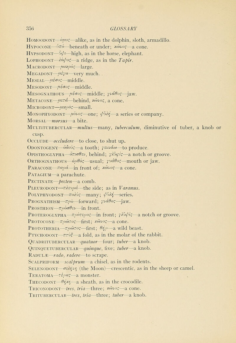 HoMOODONT-:-o/>!oc—alike, as in the dolphin, sloth, armadillo. Hypocone—^TTo—beneath or under; xwuo^—a cone. Hypsodont—o(p!—high, as in the horse, elephant. LoPHODONT—/65A0C—a ridge, as in the Tapir. Macrodont—iJMXfw^—large. Megadont—«?;-«—very much. , Mesial—/>.iao:—middle. Mesodont—/-leaoi;—middle. Mesognathotjs—/iio-of—middle; y'Adu:—jaw. Metacone—n^rd—behind, xcmoz, a cone. MiCRODONT—fjuxpoz—small. MoNOPHYODONT—noijo^—one; ^'j/-^—a series or company. MoRSAL—morsus—a bite. MuLTiTUBERCULAR—multus—many, tuberculum, diminutive of tuber, a knob or cusp. Occlude—occludere—to close, to shut up. Odontogeny—ooo^c—a tooth; yswdco—to produce. Opisthoglypha—omadeUj behind; p-^ifk—a notch or groove. Orthognathous—ofidoz—usual; yuddo:;—mouth or jaw. Paracone—-apd—in front of; xoji'O!;—a cone. Patagium—a parachute. Pectinate—pec ten—a comb. Pleurodont—-Xeijpd—the side; as in Varanus. Polyphyodont—TtokuQ—many; if>^j)-'/j—series. Prognathism—71 pb—forward; yi'ddo:—jaw. Prosthion—-poadiv—in front. Proteroglypha—Tzpnzspo:;—in front; Y?.iJ(/'k—a notch or groove. Protocone—TLpcijzo:;—first; xcovoc—a cone. Prototheria—-pwTO(;—first; Orjp—a wild beast. Ptychodont—7tt6^—a fold, as in the molar of the rabbit. Quadrituberctjlar—quatuor—four; tuber—a knob. Quinquetubercular—quinque, five; tuber—a knob. Radul^—rado, radere—to scrape. ScALPRiFORM—scalprufu—a chisel, as in the rodents. Selenodont—(7s/.rjy/j (the Moon)—crescentic, as in the sheep or camel. Teratoma—rspai;—a monster. Thecodont—d'/jx/j—a sheath, as in the crocodile. Triconodont—tres, tria—three; xco)ju;—a cone. Tritubercular—tres, tria—three; tuber—a knob.