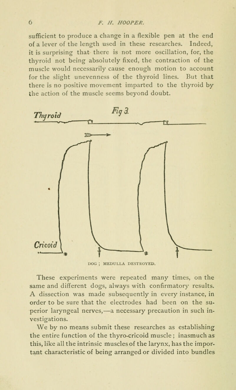 sufficient to produce a change in a flexible pen at the end of a lever of the length used in these researches. Indeed, it is surprising that there is not more oscillation, for, the thyroid not being absolutely fixed, the contraction of the muscle would necessarily cause enough motion to account for the slight unevenness of the thyroid lines. But that there is no positive movement imparted to the thyroid by the action of the muscle seems beyond doubt. Thijrold Fig 3. Cricoid DOG ; MEDULLA DESTROYED. These experiments were repeated many times, on the same and different dogs, always with confirmatory results. A dissection was made subsequently in every instance, in order to be sure that the electrodes had been on the su- perior laryngeal nerves,—a necessary precaution in such in- vestigations. We by no means submit these researches as establishing the entire function of the thyro-cricoid muscle ; inasmuch as this, like all the intrinsic muscles of the larynx, has the impor- tant characteristic of being arranged or divided into bundles