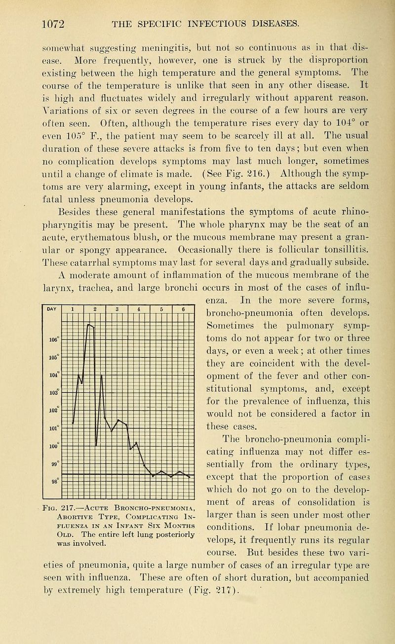 somewhat suggesting meningitis, but not so continuous as in that dis- ease. More frequently, however, one is struck by the disproportion existing between the high temperature and the general symptoms. The course of the temperature is unlike that seen in any other disease. It is high and fluctuates widely and irregularly without apparent reason. A^ariations of six or seven degrees in the course of a few Jiours are very often seen. Often, although the temperature rises every day to 104° or even 105° F., the patient may seem to be scarcely ill at all. The usual duration of these severe attacks is from five to ten days; but even when no complication develops symptoms may last much longer, sometimes until a change of climate is made. (See Fig. 216.) Although the symp- toms are very alarming, except in young infants, the attacks are seldom fatal unless pneumonia develops. Besides these general manifestations the symptoms of acute rhino- pharyngitis may be present. The whole pharynx may be the seat of an acute, erythematous blush, or the mucous membrane may present a gran- ular or spongy appearance. Occasionally there is follicular tonsillitis. These catarrhal symptoms may last for several days and gradually subside. A moderate amount of inflammation of the mucous membrane of the larynx, trachea, and large bronchi occurs in most of the cases of influ- enza. In the more severe forms, broncho-pneumonia often develops. Sometimes the pulmonary symp- toms do not appear for two or three days, or even a week; at other times they are coincident with the devel- opment of the fever and other con- stitutional symptoms, and, except for the prevalence of influenza, this would not be considered a factor in these cases. The broncho-pneumonia compli- cating influenza may not differ es- sentially from the ordinary types, except that the proportion of cases which do not go on to the develop- ment of areas of consolidation is larger than is seen under most other conditions. If lobar pneumonia de- velops, it frequently runs its regular course. But besides these two vari- eties of pneumonia, quite a large number of cases of an irregular type are seen with influenza. These are often of short duration, but accompanied by extremely high temperature (Fig. 217). Fig. 217.—Acute Broncho-pneumonia, Abortive Type, Complicating In- fluenza IN an Infant Six Months Old. The entire left lung posteriorly was involved.