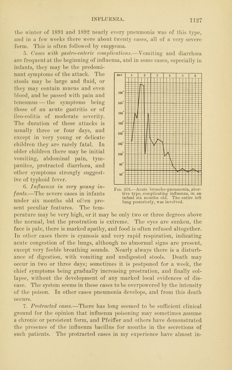 the winter of 1891 and 1892 nearly every pneumonia was of this type, and in a few weeks there were about twenty cases, all of a very severe form. This is often followed by empyema. 5. Cases with gastro-enteric complications.—Vomiting and diarrhoea are frequent at the beginning of influenza, and in some cases, especially in infants, they may be the predomi- nant symptoms of the attack. The stools may be large and fluid, or they may contain mucus and even blood, and be passed with pain and tenesmus — the symptoms being those of an acute gastritis or of ileo-colitis of moderate severity. The duration of these attacks is usually three or four days, and except in very young or delicate children they are rarely fatal. In older children there may be initial vomiting, abdominal pain, tym- panites, protracted diarrhoea, and other symptoms strongly suggest- ive of typhoid fever. 6. Influenza in very young in- fants.—The severe cases in infants under six months old often pre- sent peculiar features. The tem- perature may be very high, or it may be only two or three degrees above the normal, but the prostration is extreme. The eyes are sunken, the face is pale, there is marked apathy, and food is often refused altogether. In other cases there is cyanosis and very rapid respiration, indicating acute congestion of the lungs, although no abnormal signs are present, except very feeble breathing sounds. Nearly always there is a disturb- ance of digestion, with vomiting and undigested stools. Death may occur in two or three days; sometimes it is postponed for a week, the chief symptoms being gradually increasing prostration, and finally col- lapse, without the development of any marked local evidences of dis- ease. The system seems in these cases to be overpowered by the intensity of the poison. In other cases pneumonia develops, and from this death occurs. 7. Protracted cases.—There has long seemed to be sufficient clinical ground for the opinion that influenza poisoning may sometimes assume a chronic or persistent form, and Pfeiffer and others have demonstrated the presence of the influenza bacillus for months in the secretions of such patients. The protracted cases in my experience have almost in- DAY 106° 1 2 3 i 5 « 1 — - f S -A — — — ~ — — — _ _ „ _ -- / r - r - -' - — - — — - ^ _ : - : - -: - - — — - ^ -1 - 105° ^ z: E= _ : r i: z_ - - z z z; — — - — I I - - - — - — - J - - - 104° 103° 102° 101° 100° 99° 98° -: -r — - ^ n z - z ~ i; ~ 'JZ Z ZJ Z z z 1 A \ - - s >- _ Fig. 218.—Acute broncho-pneumonia, abor- tive type, complicating influenza, in an infant six months old. The entire left lung posteriorly, was involved.