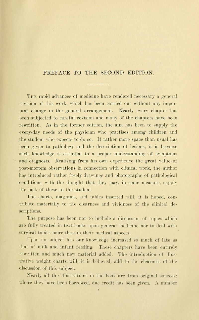 The rapid advances of medicine have rendered necessary a general revision of this work, which has been carried out without any impor- tant change in the general arrangement. Nearly every chapter has been subjected to careful revision and many of the chapters have been rewritten. As in the former edition, the aim has been to supply the every-day needs of the physician who practises among children and the student who expects to do so. If rather more space than usual has been given to pathology and the description of lesions, it is because such knowledge is essential to a proper understanding of symptoms and diagnosis. Realizing from his own experience the great value of post-mortem observations in connection with clinical work, the author has introduced rather freely drawings and photographs of pathological conditions, with the thought that they may, in some measure, supply the lack of these to the student. The charts, diagrams, and tables inserted will, it is hoped, con- tribute materially to the clearness and vividness of the clinical de- scriptions. The purpose has been not to include a discussion of topics which are fully treated in text-books upon general medicine nor to deal with surgical topics more than in their medical aspects. Upon no subject has our knowledge increased so much of late as that of milk and infant feeding. These chapters have been entirely rewritten and much new material added. The introduction of illus- trative weight charts will, it is believed, add to the clearness of the discussion of this subject. Nearly all the illustrations in the l)ook are from original sources; where they have been borrowed, due credit has been given. A number