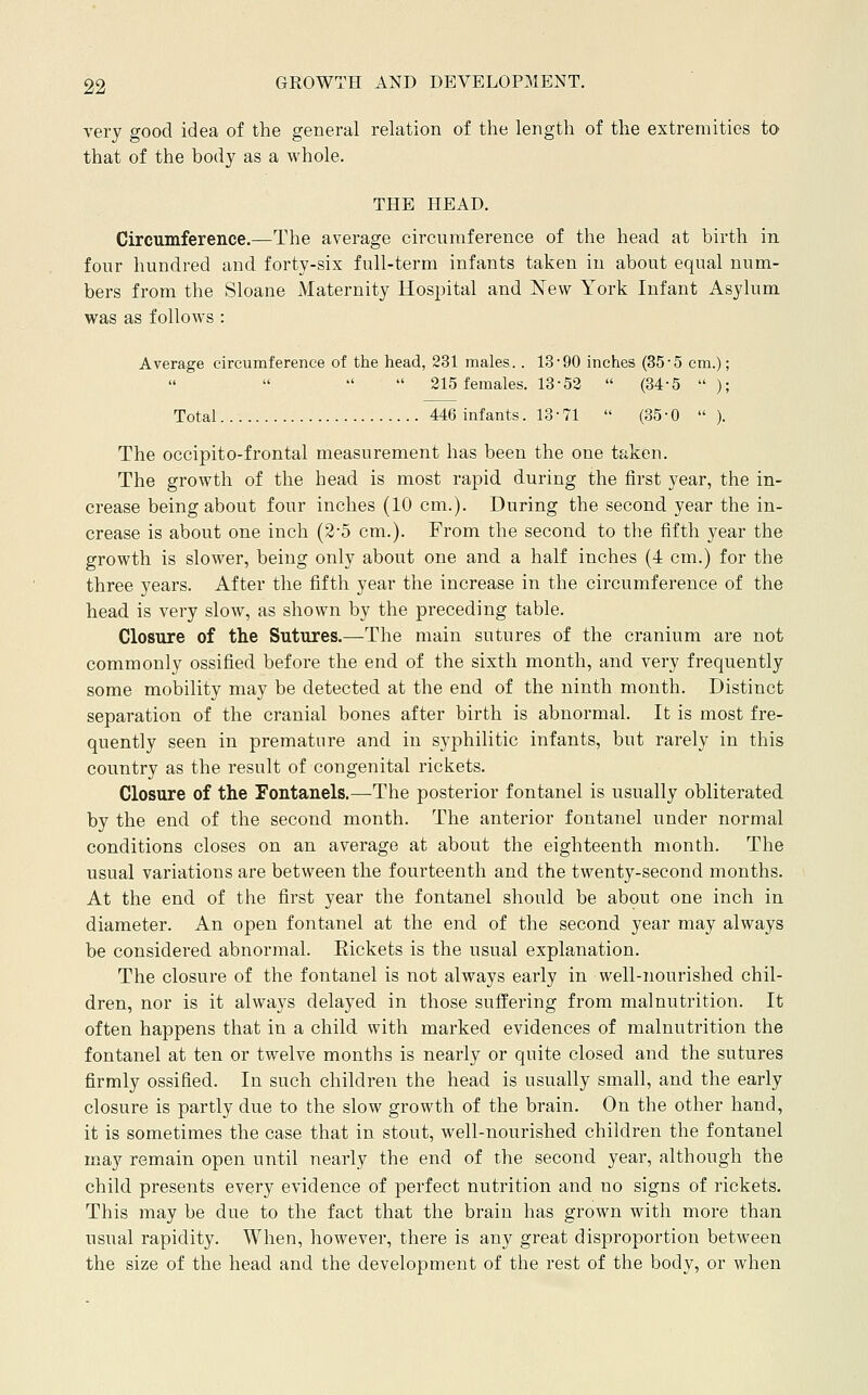very good idea of the general relation of the length of the extremities to that of the body as a whole. THE HEAD. Circumference.—The average circumference of the head at birth in four hundred and forty-six full-term infants taken in about equal num- bers from the Sloane Maternity Hospital and New York Infant Asylum was as follows : Average circumference of the head, 231 males.. 13-90 inches (355 cm.);  215 females. 13-53  (34-5 ); Total 446 infants. 13-71  (35-0  ). The occipito-frental measurement has been the one taken. The growth of the head is most rapid during the first year, the in- crease being about four inches (10 cm.). During the second year the in- crease is about one inch (2-5 cm.). From the second to the fifth year the growth is slower, being only about one and a half inches (4 cm.) for the three years. After the fifth year the increase in the circumference of the head is very slow, as shown by the preceding table. Closure of the Sutures.—The main sutures of the cranium are not commonly ossified before the end of the sixth month, and very frequently some mobility may be detected at the end of the ninth month. Distinct separation of the cranial bones after birth is abnormal. It is most fre- quently seen in premature and in syphilitic infants, but rarely in this country as the result of congenital rickets. Closure of the Fontanels.—The posterior fontanel is usually obliterated by the end of the second month. The anterior fontanel under normal conditions closes on an average at about the eighteenth month. The usual variations are between the fourteenth and the twenty-second months. At the end of the first year the fontanel should be about one inch in diameter. An open fontanel at the end of the second year may always be considered abnormal. Rickets is the usual explanation. The closure of the fontanel is not always early in well-nourished chil- dren, nor is it always delayed in those suffering from malnutrition. It often happens that in a child with marked evidences of malnutrition the fontanel at ten or twelve months is nearly or quite closed and the sutures firmly ossified. In such children the head is usually small, and the early closure is partly due to the slow growth of the brain. On the other hand, it is sometimes the case that in stout, well-nourished children the fontanel may remain open until nearly the end of the second year, although the child presents every evidence of perfect nutrition and no signs of rickets. This may be due to the fact that the brain has grown with more than usual rapidity. When, however, there is any great disproportion between the size of the head and the development of the rest of the body, or when