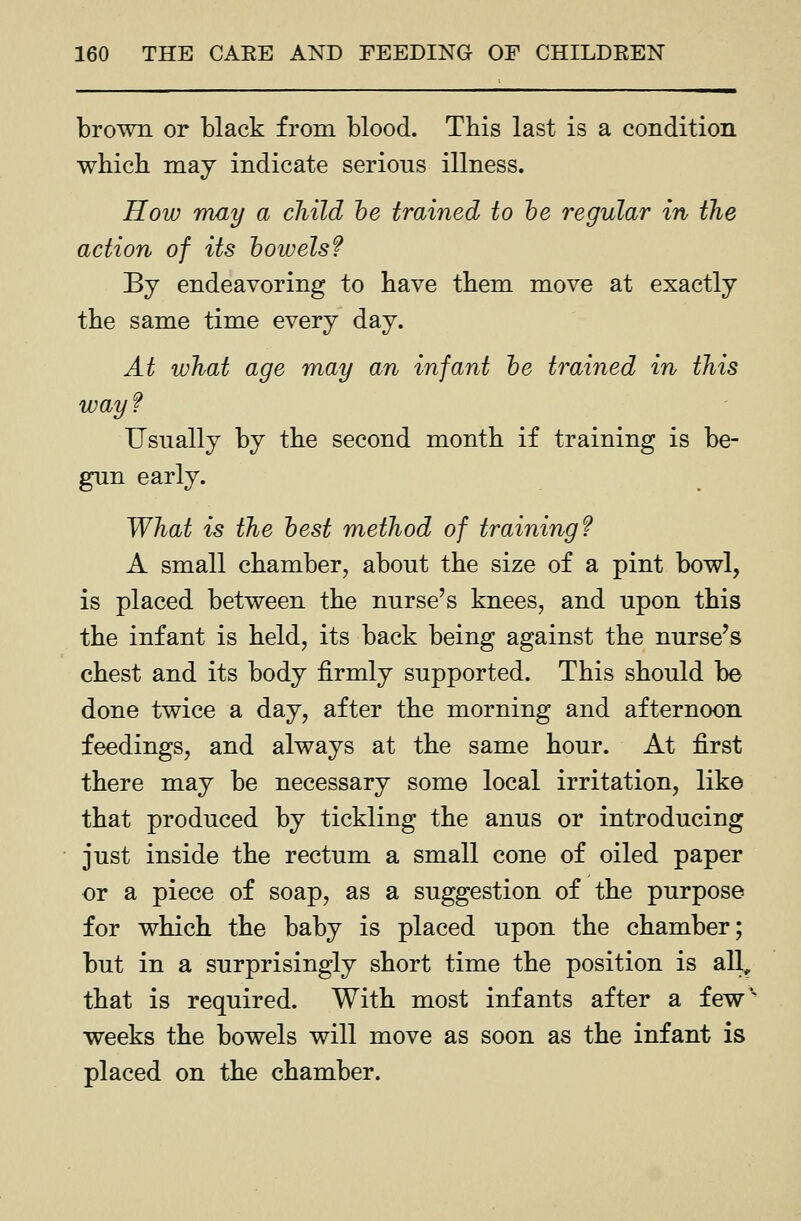 brown or black from blood. This last is a condition which may indicate serious illness. How may a child he trained to he regular in the action of its howelsf By endeavoring to have them move at exactly the same time every day. At what age may an infant he trained in this way? Usually by the second month if training is be- gun early. What is the hest method of training? A small chamber^ about the size of a pint bowl, is placed between the nurse's knees, and upon this the infant is held, its back being against the nurse's chest and its body firmly supported. This should be done twice a day, after the morning and afternoon feedings, and always at the same hour. At first there may be necessary some local irritation, like that produced by tickling the anus or introducing just inside the rectum a small cone of oiled paper €r a piece of soap, as a suggestion of the purpose for which the baby is placed upon the chamber; but in a surprisingly short time the position is all, that is required. With most infants after a few* weeks the bowels will move as soon as the infant is placed on the chamber.