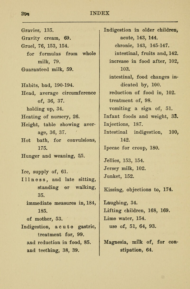 Gravies, 135. Gravity cream, 69. Gruel, 76, 153, 154. for formulas from whole milk, 79. Guaranteed milk, 59. Habits, bad, 190-194. Head, average circumference of, 36, 37. holding up, 34. Heating of nursery, 26. Height, table showing aver- age, 36, 37. Hot bath, for convulsions, 175. Hunger and weaning, 5.5. Ice, supply of, 61. Illness, and late sitting, standing or walking, 35. immediate measures in, 184, 185. of mother, 53. Indigestion, acute gastric, treatment for, 99. and reduction in food, 85. and teething, 38, 39. Indigestion in older children, acute, 143, 144. chronic, 143, 145-147. intestinal, fruits and, 142. increase in food after, 102, 103. intestinal, food changes in- dicated by, 100. reduction of food in, 102. treatment of, 98. vomiting a sign of, 51. Infant foods and weight, 33. Injections, 187. Intestinal indigestion, 100, 142. Ipecac for croup, 180. Jellies, 153, 154. Jersey milk, 102. Junket, 152. Kissing, objections to, 174. Laughing, 34. Lifting children, 168, 169. Lime water, 154. use of, 51, 64, 93. Magnesia, milk of, for con- stipation, 64.