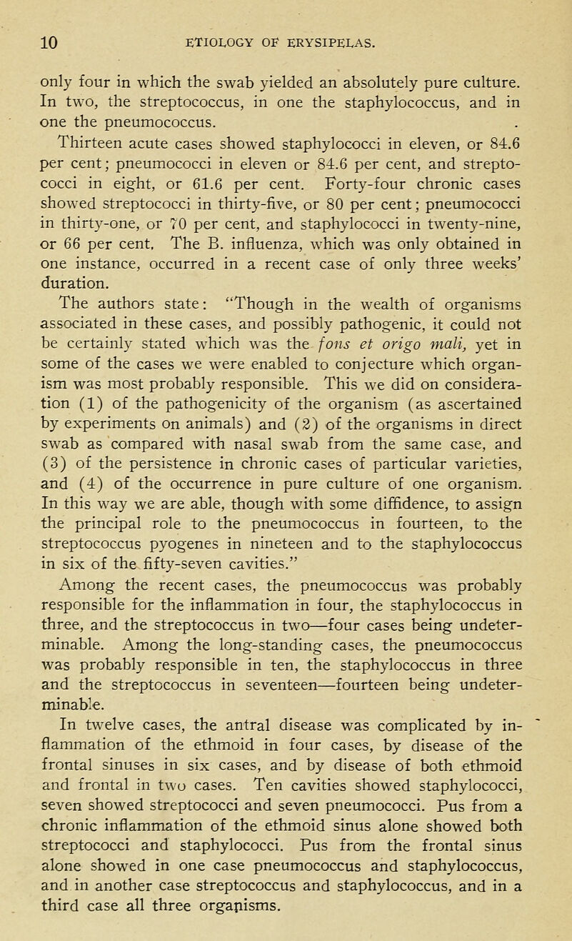 only four in which the swab yielded an absolutely pure culture. In two, the streptococcus, in one the staphylococcus, and in one the pneumococcus. Thirteen acute cases showed staphylococci in eleven, or 84.6 per cent; pneumococci in eleven or 84.6 per cent, and strepto- cocci in eight, or 61.6 per cent. Forty-four chronic cases showed streptococci in thirty-five, or 80 per cent; pneumococci in thirt3-one, or 70 per cent, and staphylococci in twenty-nine, or 66 per cent. The B. influenza, which was only obtained in one instance, occurred in a recent case of only three weeks' duration. The authors state: Though in the wealth of organisms associated in these cases, and possibly pathogenic, it could not be certainly stated which was the fons et origo mali, yet in some of the cases we were enabled to conjecture which organ- ism was most probably responsible. This we did on considera- tion (1) of the pathogenicity of the organism (as ascertained by experiments on animals) and (2) of the organisms in direct swab as compared with nasal swab from the same case, and (3) of the persistence in chronic cases of particular varieties, and (4) of the occurrence in pure culture of one organism. In this way we are able, though with some diffidence, to assign the principal role to the pneumococcus in fourteen, to the streptococcus pyogenes in nineteen and to the staphylococcus in six of the fifty-seven cavities. Among the recent cases, the pneumococcus was probably responsible for the inflammation in four, the staphylococcus in three, and the streptococcus in two—four cases being undeter- minable. Among the long-standing cases, the pneumococcus was probably responsible in ten, the staphylococcus in three and the streptococcus in seventeen—fourteen being undeter- minable. In twelve cases, the antral disease was complicated by in- flammation of the ethmoid in four cases, by disease of the frontal sinuses in six cases, and by disease of both ethmoid and frontal in two cases. Ten cavities showed staphylococci, seven showed streptococci and seven pneumococci. Pus from a chronic inflammation of the ethmoid sinus alone showed both streptococci and staphylococci. Pus from the frontal sinus alone showed in one case pneumococcus and staphylococcus, and in another case streptococcus and staphylococcus, and in a third case all three orgajiisms.
