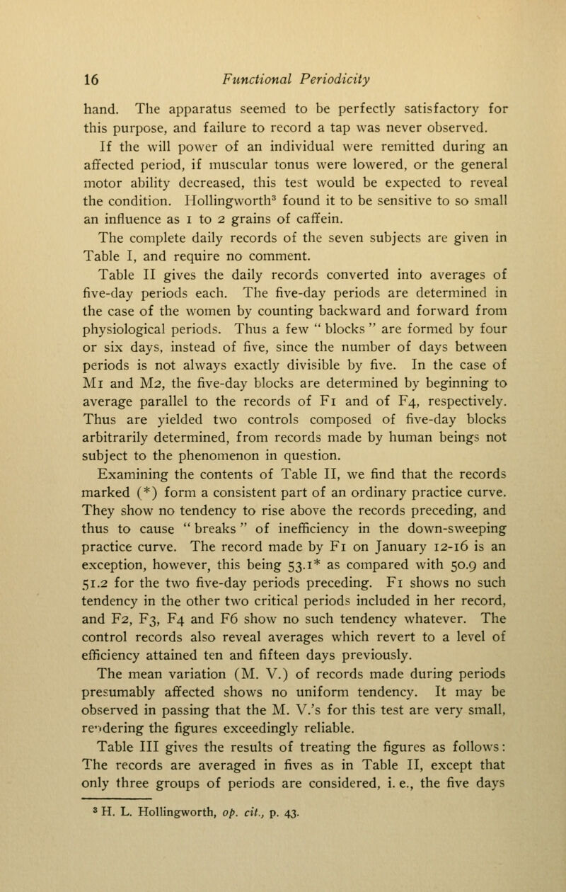 hand. The apparatus seemed to be perfectly satisfactory for this purpose, and failure to record a tap was never observed. If the will power of an individual were remitted during an affected period, if muscular tonus were lowered, or the general motor ability decreased, this test would be expected to reveal the condition. Hollingworth^ found it to be sensitive to so small an influence as i to 2 grains of caffein. The complete daily records of the seven subjects are given in Table I, and require no comment. Table II gives the daily records converted into averages of five-day periods each. The five-day periods are determined in the case of the women by counting backward and forward from physiological periods. Thus a few  blocks  are formed by four or six days, instead of five, since the number of days between periods is not always exactly divisible by five. In the case of Mi and M2, the five-day blocks are determined by beginning to average parallel to the records of Fi and of F4, respectively. Thus are yielded two controls composed of five-day blocks arbitrarily determined, from records made by human beings not subject to the phenomenon in question. Examining the contents of Table II, we find that the records marked (*) form a consistent part of an ordinary practice curve. They show no tendency to rise above the records preceding, and thus to cause  breaks  of inefficiency in the down-sweeping practice curve. The record made by Fi on January 12-16 is an exception, however, this being 53.1* as compared with 50.9 and 51.2 for the two five-day periods preceding. Fi shows no such tendency in the other two critical periods included in her record, and F2, F3, F4 and F6 show no such tendency whatever. The control records also reveal averages which revert to a level of efficiency attained ten and fifteen days previously. The mean variation (M. V.) of records made during periods presumably affected shows no uniform tendency. It may be observed in passing that the M. V.'s for this test are very small, re'idering the figures exceedingly reliable. Table III gives the results of treating the figures as follows: The records are averaged in fives as in Table II, except that only three groups of periods are considered, i. e., the five days 8 H. L. Hollingworth, op. cit., p. 43.