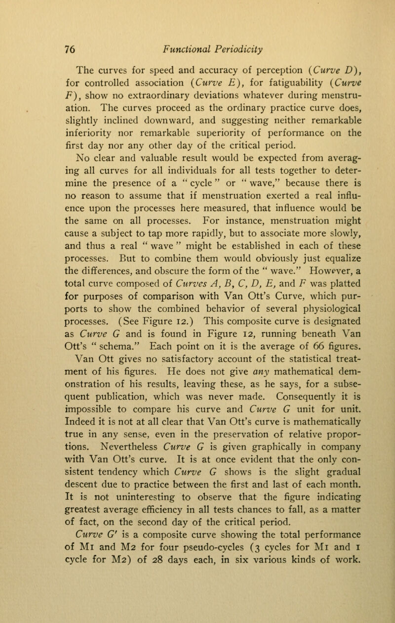 The curves for speed and accuracy of perception (Curve D), for controlled association {Curve E), for fatiguability (Curve F), show no extraordinary deviations whatever during menstru- ation. The curves proceed as the ordinary practice curve does, slightly inclined downward, and suggesting neither remarkable inferiority nor remarkable superiority of performance on the first day nor any other day of the critical period. No clear and valuable result would be expected from averag- ing all curves for all individuals for all tests together to deter- mine the presence of a  cycle  or  wave, because there is no reason to assume that if menstruation exerted a real influ- ence upon the processes here measured, that influence would be the same on all processes. For instance, menstruation might cause a subject to tap more rapidly, but to associate more slowly, and thus a real  wave  might be established in each of these processes. But to combine them would obviously just equalize the differences, and obscure the form of the  wave. However, a total curve composed of Curves A, B, C, D, E, and F was platted for purposes of comparison with Van Ott's Curve, which pur- ports to show the combined behavior of several physiological processes. (See Figure 12.) This composite curve is designated as Curve G and is found in Figure 12, running beneath Van Ott's  schema. Each point on it is the average of 66 figures. Van Ott gives no satisfactory account of the statistical treat- ment of his figures. He does not give any mathematical dem- onstration of his results, leaving these, as he says, for a subse- quent publication, which was never made. Consequently it is impossible to compare his curve and Curve G unit for unit. Indeed it is not at all clear that Van Ott's curve is mathematically true in any sense, even in the preservation of relative propor- tions. Nevertheless Curve G is given graphically in company with Van Ott's curve. It is at once evident that the only con- sistent tendency which Curve G shows is the slight gradual descent due to practice between the first and last of each month. It is not uninteresting to observe that the figure indicating greatest average efficiency in all tests chances to fall, as a matter of fact, on the second day of the critical period. Curve G' is a composite curve showing the total performance of Mi and M2 for four pseudo-cycles (3 cycles for Mi and i cycle for M2) of 28 days each, in six various kinds of work.