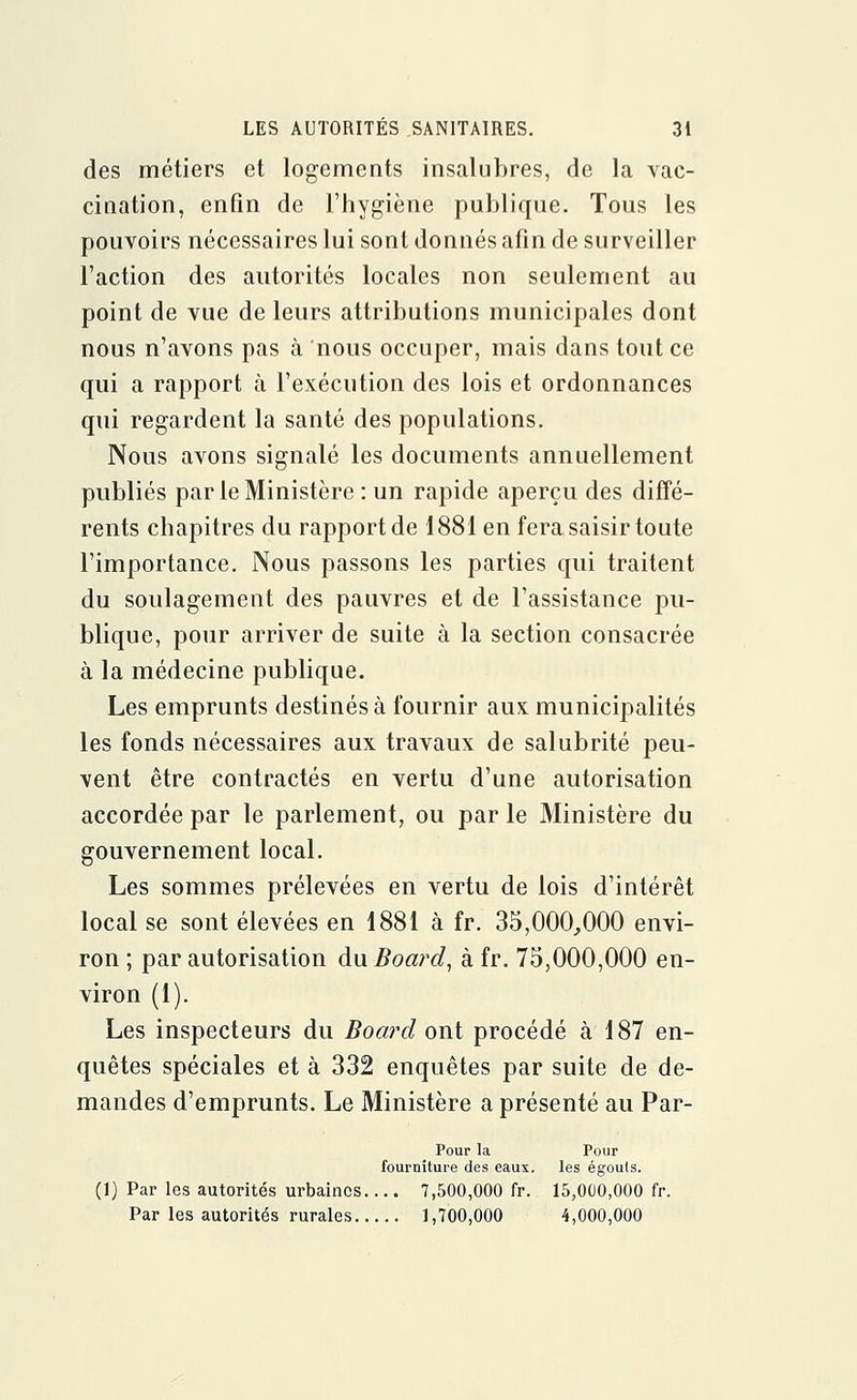 des métiers et logements insalubres, de la vac- cination, enfin de l'hygiène publique. Tous les pouvoirs nécessaires lui sont donnés afin de surveiller l'action des autorités locales non seulement au point de vue de leurs attributions municipales dont nous n'avons pas à nous occuper, mais dans tout ce qui a rapport à l'exécution des lois et ordonnances qui regardent la santé des populations. Nous avons signalé les documents annuellement publiés par le Ministère : un rapide aperçu des diffé- rents chapitres du rapport de 1881 en fera saisir toute l'importance. Nous passons les parties qui traitent du soulagement des pauvres et de l'assistance pu- blique, pour arriver de suite à la section consacrée à la médecine publique. Les emprunts destinés à fournir aux municipalités les fonds nécessaires aux travaux de salubrité peu- vent être contractés en vertu d'une autorisation accordée par le parlement, ou par le Ministère du gouvernement local. Les sommes prélevées en vertu de lois d'intérêt local se sont élevées en 1881 à fr. 35,000,000 envi- ron ; par autorisation àuBoard, à fr. 75,000,000 en- viron (1). Les inspecteurs du Board ont procédé à 187 en- quêtes spéciales et à 332 enquêtes par suite de de- mandes d'emprunts. Le Ministère a présenté au Par- Pour la Pour fourniture des eaux, les égouls. (1) Par les autorités urbaines 7,500,000 fr. 15,000,000 fr. Par les autorités rurales 1,700,000 4,000,000