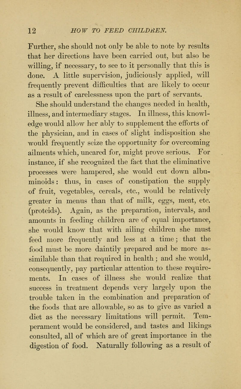 Further, she should not only be able to note by results that her directions have been carried out^ but also be willing, if necessary, to see to it personally that this is done. A little supervision, judiciously applied, will frequently prevent difficulties that are likely to occur as a result of carelessness upon the part of servants. She should understand the changes needed in health, illness, and intermediary stages. In illness, this knowl- edge would allow her ably to supplement the efforts of the physician, and in cases of slight indisposition she would frequently seize the opportunity for overcoming ailments which, uncared for, might prove serious. For instance, if she recognized the fact that the eliminative processes were hampered, she would cut down albu- minoids : thus, in cases of constipation the supply of fruit, vegetables, cereals, etc., would be relatively greater in menus than that of milk, eggs, meat, etc. (proteids). Again, as the preparation, intervals, and amounts in feeding children are of equal importance, she would know that with ailing children she must feed more frequently and less at a time; that the food must be more damtily prepared and be more as- similable than that required in health; and she would, consequently, pay particular attention to these require- ments. In cases of illness she would realize that success in treatment depends very largely upon the trouble taken in the combination and preparation of the foods that are allowable, so as to give as varied a diet as the necessary limitations will permit. Tem- perament would be considered, and tastes and likings consulted, all of which are of great importance in the digestion of food. ISTaturally following as a result of