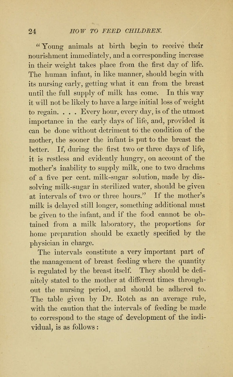 Young animals at birth begin to receive their nourishment immediately, and a corresponding increase in their weight takes place from the first day of life. The human infant, in like manner, should begin with its nursing early, getting what it can from the breast until the full supply of milk has come. In this way it will not be likely to have a large initial loss of weight to regain. . . . Every hour, every day, is of the utmost importance in the early days of life, and, provided it can be done without detriment to the condition of the mother, the sooner the infant is put to the breast the better. If, during the first two or three days of life, it is restless and evidently hungry, on account of the mother's inability to supply milk, one to two drachms of a five per cent, milk-sugar solution, made by dis- solving milk-sugar in sterilized water, should be given at intervals of two or three hours.'' If the mother's milk is delayed still longer, something additional must be given to the infant, and if the food cannot be ob- tained from a milk laboratory, the proportions for home preparation should be exactly specified by the physician in charge. The intervals constitute a very important part of the management of breast feeding where the quantity is regulated by the breast itself They should be defi- nitely stated to the mother at different times through- out the nursing period, and should be adhered to. The table given by Dr. Rotch as an average rule, with the caution that the intervals of feeding be made to correspond to the stage of development of the indi- vidual, is as follows;