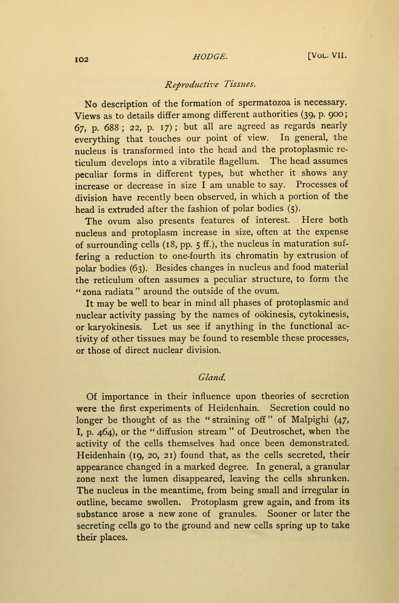 Reproductive Tissues. No description of the formation of spermatozoa is necessary. Views as to details differ among different authorities (39, p. 900; ej, p. 688 ; 22, p. 17); but all are agreed as regards nearly everything that touches our point of view. In general, the nucleus is transformed into the head and the protoplasmic re- ticulum develops into a vibratile flagellum. The head assumes peculiar forms in different types, but whether it shows any increase or decrease in size I am unable to say. Processes of division have recently been observed, in which a portion of the head is extruded after the fashion of polar bodies (5). The ovum also presents features of interest. Here both nucleus and protoplasm increase in size, often at the expense of surrounding cells (18, pp. 5 ff.), the nucleus in maturation suf- fering a reduction to one-fourth its chromatin by extrusion of polar bodies (63). Besides changes in nucleus and food material the reticulum often assumes a peculiar structure, to form the zona radiata around the outside of the ovum. It may be well to bear in mind all phases of protoplasmic and nuclear activity passing by the names of ookinesis, cytokinesis, or karyokinesis. Let us see if anything in the functional ac- tivity of other tissues may be found to resemble these processes, or those of direct nuclear division. Gland. Of importance in their influence upon theories of secretion were the first experiments of Heidenhain. Secretion could no longer be thought of as the straining off of Malpighi (47, I, p. 464), or the  diffusion stream  of Deutroschet, when the activity of the cells themselves had once been demonstrated. Heidenhain (19, 20, 21) found that, as the cells secreted, their appearance changed in a marked degree. In general, a granular zone next the lumen disappeared, leaving the cells shrunken. The nucleus in the meantime, from being small and irregular in outline, became swollen. Protoplasm grew again, and from its substance arose a new zone of granules. Sooner or later the secreting cells go to the ground and new cells spring up to take their places.