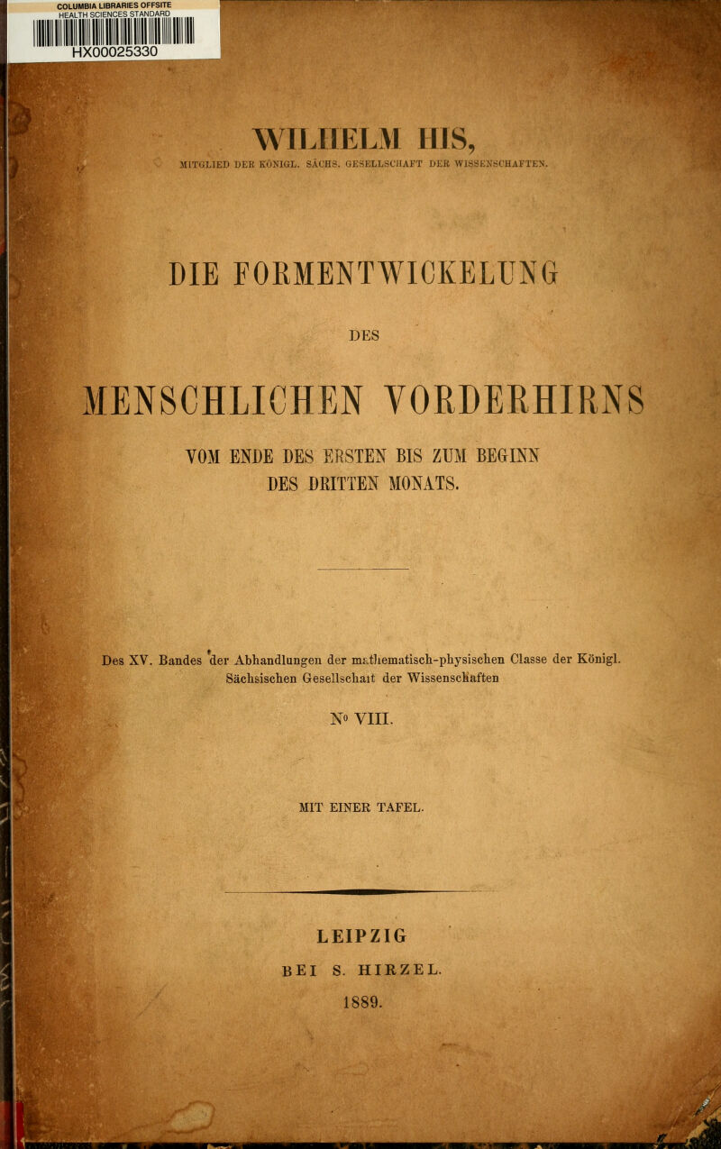 COLUMBIA LIBRARIES OFFSITE HEALTH SCIENCES STANDARD -r-'i-^ WH JIELM HIS, MITGLIED DER KÖNIGL. SACHS. GESELLSCHAFT DER WISSENSCHAFTEN. DIE FORMENTWICKELUNG DES I MENSCHLICHEN YORDERHIRNS VOM ENDE DES ERSTEN BIS ZUM BEGINN DES DRITTEN MONATS. Des XV, Bandes der Abhandlungen der matliematisch-pliysischen Classe der Königl. Sächsisclien Gesellschait der WissenscMaften NO VIII. MIT EINER TAFEL. LEIPZIG BEI S. HIRZEL. 1889.