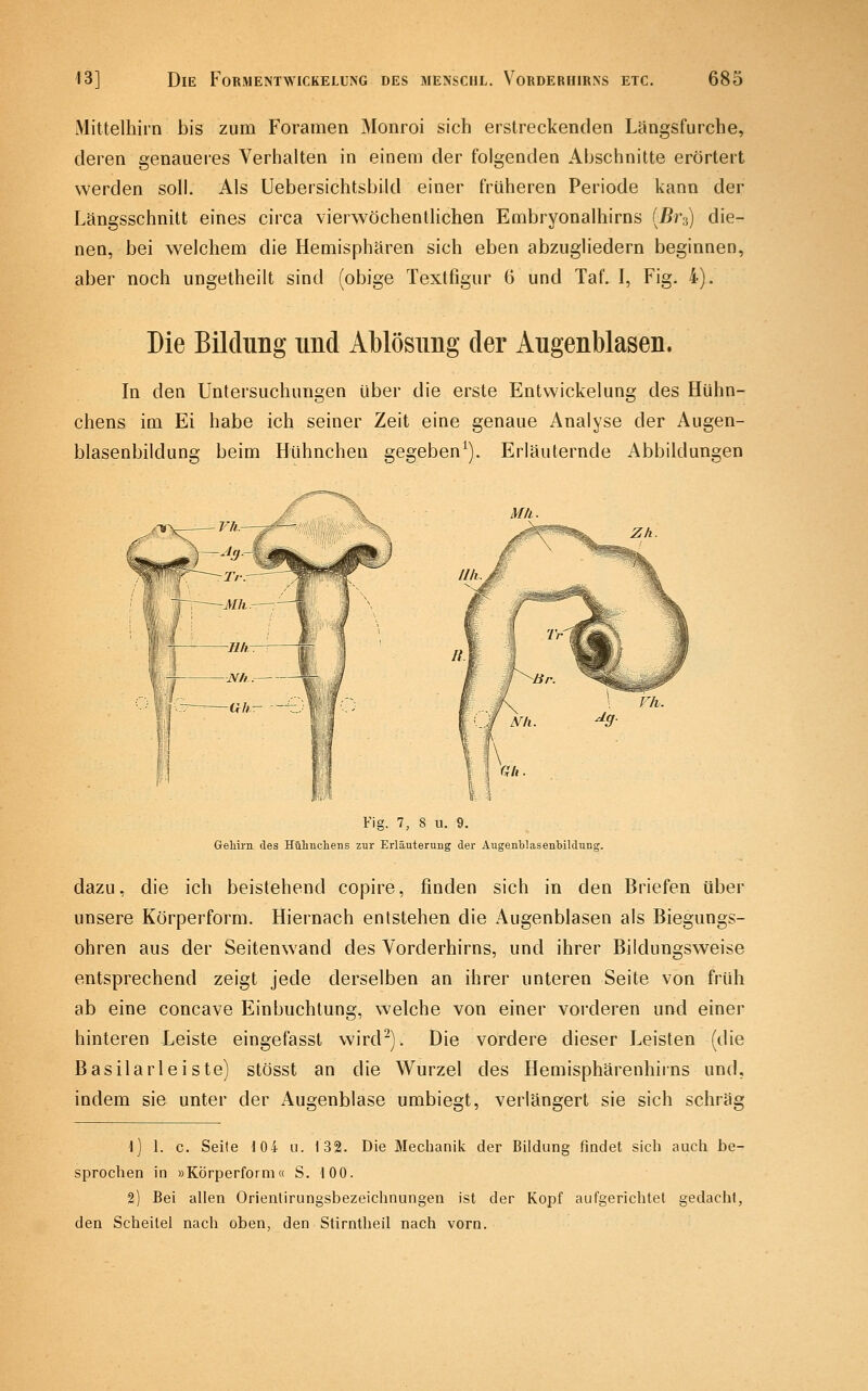 Mittelhirn bis zum Foramen Monroi sich erstreckenden Längsfurche, deren genaueres Verhalten in einem der folgenden Abschnitte erörtert werden soll. Als Uebersichtsbild einer früheren Periode kann der Längsschnitt eines circa vierwöchentlichen Embryonalhirns {Bn) die- nen, bei welchem die Hemisphären sich eben abzugliedern beginnen, aber noch ungetheilt sind (obige Textfigur 6 und Taf. I, Fig. 4). Die Bildung und Ablösung der Augenblasen. In den Untersuchungen über die erste Entwickelung des Hühn- chens im Ei habe ich seiner Zeit eine genaue Analyse der Augen- blasenbildung beim Hühnchen ge.^eben^) Ö^O^ Erläuternde Abbildungen Fig. 7, 8 u. 9. GeMrn des Hühncliens zur Erläuterung der Augenblasenbildung. dazu, die ich beistehend copire, finden sich in den Briefen über unsere Körperform. Hiernach entstehen die Augenblasen als Biegungs- ohren aus der Seitenwand des Vorderhirns, und ihrer Bildungsweise entsprechend zeigt jede derselben an ihrer unteren Seite von früh ab eine concave Einbuchtung, welche von einer vorderen und einer hinteren Leiste eingefasst wird^). Die vordere dieser Leisten (die Basilarlei ste) stösst an die Wurzel des Hemisphärenhiins und, indem sie unter der Ausenblase umbiest, verlänejert sie sich schrtis \) 1. c. Seite 104 u. 132. Die Mechanik der Bildung findet sich auch be- sprochen in »Körperform« S. 100. 2) Bei allen Orientirungsbezeichnungen ist der Kopf aufgerichtet gedacht, den Scheitel nach oben, den Stirntheil nach vorn.