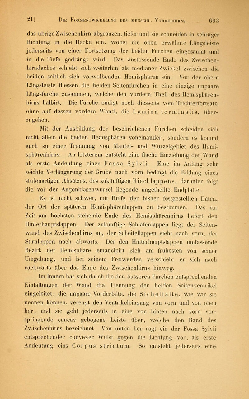 das übrige Zvvischenhirn abgränzen, tiefer und sie schneiden in schrüger Richtung in die Decke ein, wobei die oben erwähnte Längsleiste jederseits von einer Forlsetzung der beiden Furchen eingesäumt und in die Tiefe gedrängt wird. Das anstossende Ende des Zwischen- hirndaches schiebt sich weiterhin als medianer Zwickel zwischen die beiden seitlich sich vorwölbenden Hemisphären ein. Vor der obern Längsleiste fliessen die beiden Seitenfurchen in eine einzige unpaare Längsfurche zusammen, welche den vordem Theil des Hemisphären- hirns halbirt. Die Furche endigt noch diesseits vom Trichterfortsatz, ohne auf dessen vordere Wand, die Lamina terminalis, über- zugehen. Mit der Ausbildung der beschriebenen Furchen scheiden sich nicht allein die beiden Hemisphären voneinander, sondern es kommt auch zu einer Trennung von Mantel- und Wurzelgebiet des Hemi- sphärenhirns. An letzterem entsteht eine flache Einziehung der Wand als erste Andeutung einer F^ossa Sylvii. Eine im Anfang sehr seichte Verlängerung der Grube nach vorn bedingt die Bildung eines stufenarligen Absatzes, des zukünftigen Riechlappens, darunter folgt die vor der Augenblasenwurzel liegende ungetheilte Endplalte. Es ist nicht schwer, mit Hülfe der bisher festgestellten Daten, der Ort der späteren Hemisphärenlappen zu bestimmen. Das zur Zeit am höchsten stehende Ende des Hemisphärenhirns hefert den Hinterhauptslappen. Der zukünftige Schläfenlappen liegt der Seiten- wand des Zwischenhirns an, der Scheitellappen sieht nach vorn, der Stirnlappen nach abwärts. Der den Hinterhaiiptslappen umfassende Bezirk der Hemisphäre emancipirt sich am frühesten von seiner Umgebung, und bei seinem Freiwerden verschiebt er sich nach rückwärts über das Ende des Zwischenhirns hinweg. Im Innern hat sich durch die den äusseren Furchen entsprechenden Einfaltungen der Wand die Trennung der beiden Seitenventrikel eingeleitet: die unpaare Vorderfalte, die Sichelfalte, wie wir sie nennen können, verengt den Ventrikeleingang von vorn und von oben her, und sie geht jederseits in eine von hinten nach vorn vor- springende cancav gebogene Leiste über, welche den Rand des Zwischenhirns bezeichnet. Von unten her ragt ein der Fossa Sylvii entsprechender convexer Wulst gegen die Lichtung vor, als erste Andeutung eins Corpus striatum. So entsteht jederseits eine