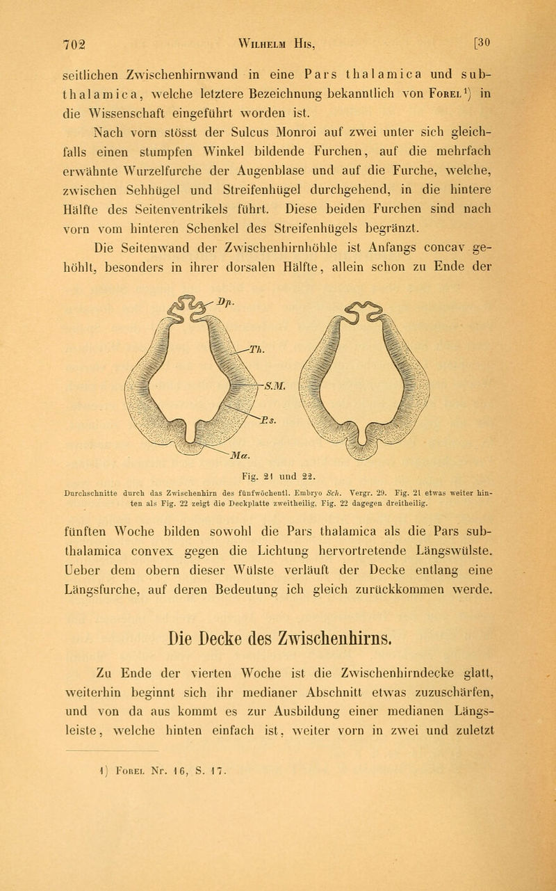 seitlichen Zwischenhirnwand in eine Pars t h a 1 a m i c a und s u b- thalamica, welche letztere Bezeichnung bekanntlich von Forel^) in die Wissenschaft eingeführt worden ist. Nach vorn stösst der Sulcus Monroi auf zwei unter sich gleich- falls einen stumpfen Winkel bildende Furchen, auf die mehrfach erwähnte Wurzelfurche der Augenblase und auf die Furche, welche, zwischen Sehhügel und Streifenhügel durchgehend, in die hintere Hälfte des Seitenventrikels führt. Diese beiden Furchen sind nach vorn vom hinteren Schenkel des Streifenhügels begränzt. Die Seitenwand der Zwischenhirnhöhle ist Anfangs coucav ge- höhlt, besonders in ihrer dorsalen Hälfte, allein schon zu Ende der ^ I SM. Ma. Fig. 21 und 22. DurchsclLiiitte durch das ZwischenMrn des fünfwöchentl. Embryo Seh. Vergr. 29. Fig. 21 etwas weiter Mn- tea als Fig. 22 zeigt die Deckplatte zweitheilig, Fig. 22 dagegen dreitheilig. fünften Woche bilden sowohl die Pars thalamica als die Pars sub- thalamica convex gegen die Lichtung hervortretende Längswülste. Ueber dem obern dieser Wülste verläuft der Decke entlang eine Längsfurche, auf deren Bedeutung ich gleich zurückkommen werde. Die Decke des Zwischeuhirns. Zu Ende der vierten Woche ist die Zwäschenhirndecke glatt, weiterhin beginnt sich ihr medianer Abschnitt etw^as zuzuschärfen, und von da aus kommt es zur Ausbildung einer medianen Längs- leiste, welche hinten einfach ist, weiter vorn in zwei und zuletzt \] FonEL Nr. 16, S. 17