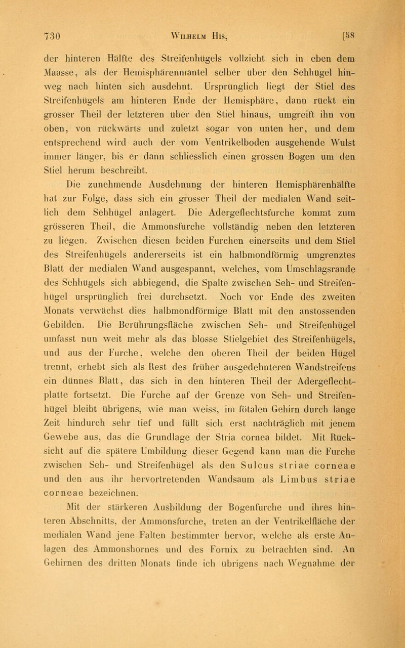 der hinteren Hälfte des Streifenhügels vollzieht sich in eben dem Maasse, als der Hemisphärenmantel selber über den Sehhügel hin- weg nach hinten sich ausdehnt. Ursprünglich liegt der Stiel des Streifenhügels am hinteren Ende der Hemisphäre, dann rückt ein grosser Theil der letzteren über den Stiel hinaus, umgreift ihn von oben, von rückwärts und zuletzt sogar von unten her, und dem entsprechend wird auch der vom Ventrikelboden ausgehende Wulst immer länger, bis er dann schliesslich einen grossen Bogen um den Stiel herum beschreibt. Die zunehmende Ausdehnung der hinteren Hemisphärenhälfte hat zur Folge, dass sich ein grosser Theil der medialen Wand seit- lich dem Sehhügel anlagert. Die Adergeflechtsfurche kommt zum grösseren Theil, die Ammonsfurche vollständig neben den letzteren zu liegen. Zwischen diesen beiden Furchen einerseits und dem Stiel des Streifenhügels andererseits ist ein halbmondförmig umgrenztes Blatt der medialen Wand ausgespannt, welches, vom Umschlagsrande des Sehhügels sich abbiegend, die Spalte zwischen Seh- und Streifen- hügel ursprünglich frei durchsetzt. Noch vor Ende des zweiten Monats verwächst dies halbmondförmige Blatt mit den anstossenden Gebilden. Die Berührungsfläche zwischen Seh- und Streifenhügel umfasst nun weit mehr als das blosse Slielgebiet des Streifenhügels, und aus der Furche, welche den oberen Theil der beiden Hügel trennt, erhebt sich als Rest des früher ausgedehnteren Wandstreifens ein dünnes Blatt, das sich in den hinteren Theil der Adergeflecht- platte fortsetzt. Die Furche auf der Grenze von Seh- und Streifen- hügel bleibt übrigens, wie man weiss, im fötalen Gehirn durch lange Zeit hindurch sehr tief und füllt sich erst nachträglich mit jenem Gewebe aus, das die Grundlage der Stria cornea bildet. Mit Rück- sicht auf die spätere Umbildung dieser Gegend kann man die Furche zwischen Seh- und Streifenhügel als den Sulcus Striae corneae und den aus ihr hervortretenden Wandsaum als Limbus Striae corneae bezeichnen. Mit der stärkeren Ausbildung der Bogenfurche und ihres hin- teren Abschnitts, der Ammonsfurche, treten an der A^entrikelfläche der medialen Wand jene Falten bestimmter hervor, welche als erste An- lagen des Ammonshornes und des Fornix zu betrachten sind. An Gehirnen des dritten Monats finde ich übrigens nach Wegnahme der